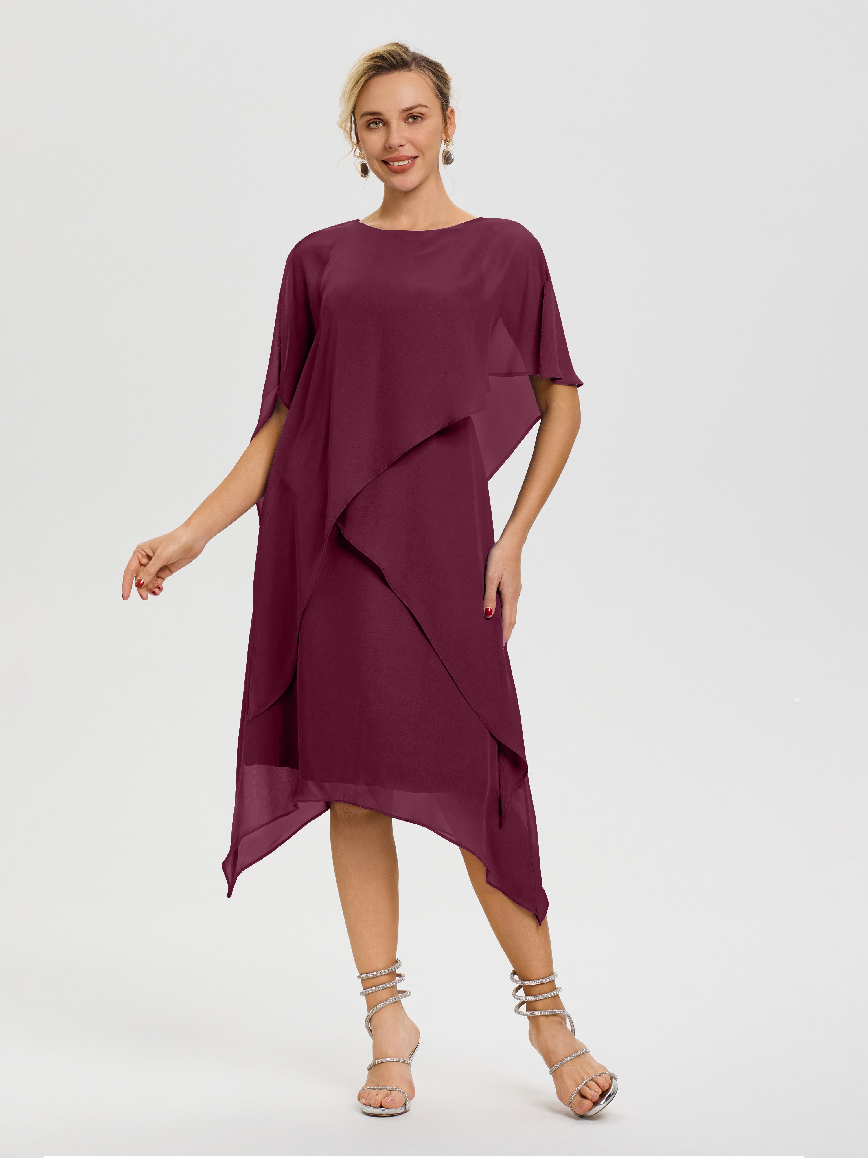 Robe De Mère De Mariée Mûre Col Rond Mousseline Asymétrique Robe Mère Du Marié