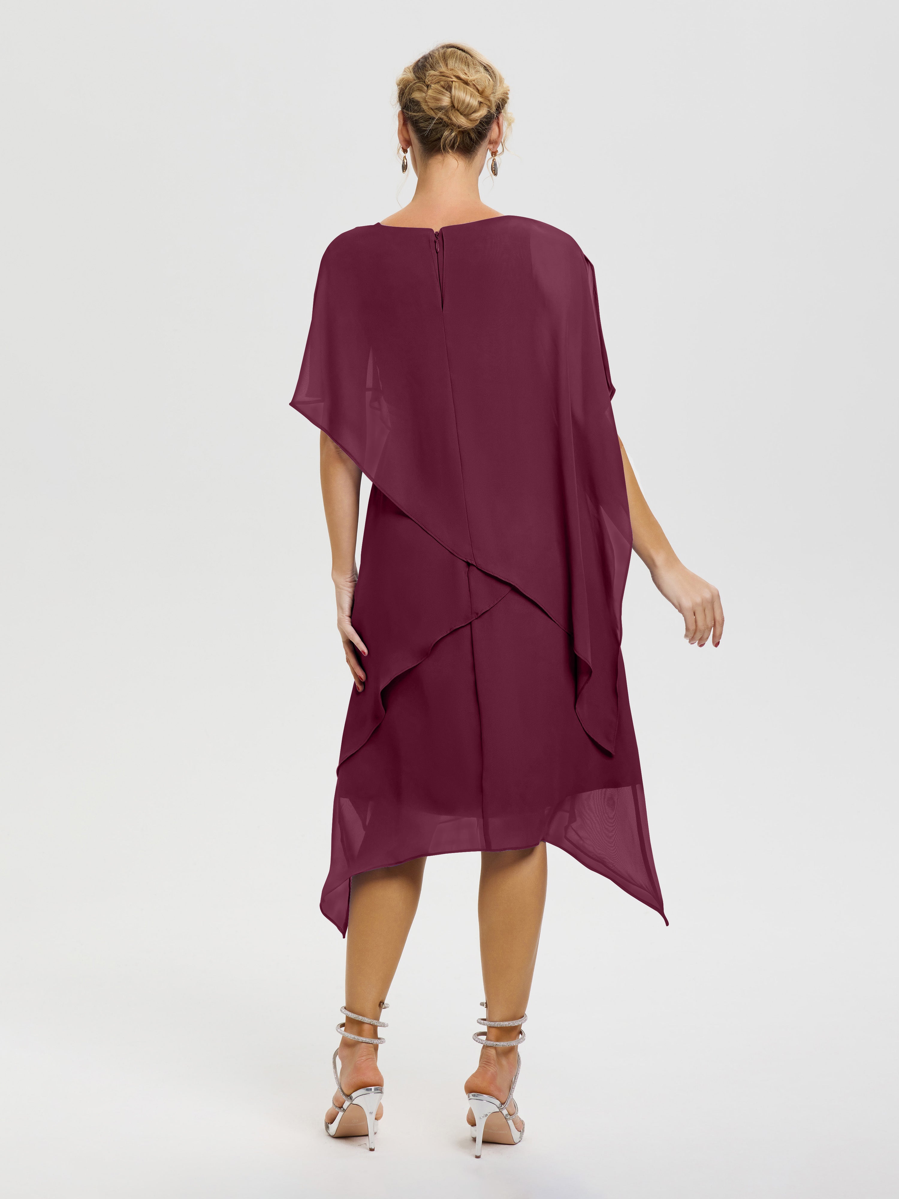 Robe De Mère De Mariée Mûre Col Rond Mousseline Asymétrique Robe Mère Du Marié