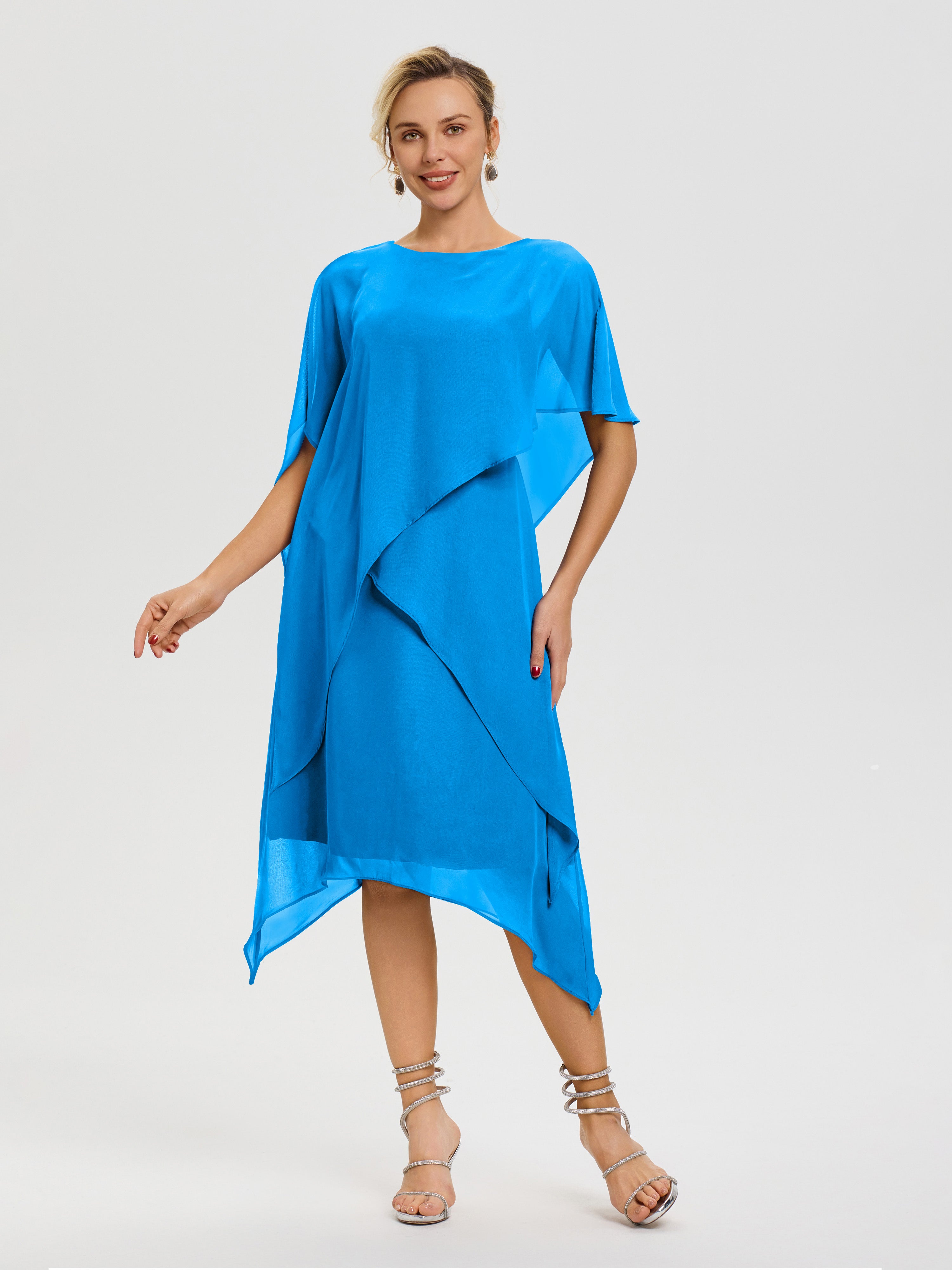 Robe De La Mère De La Mariée Bleu Océan Col Rond Mousseline Asymétrique Robe Mère Du Marié