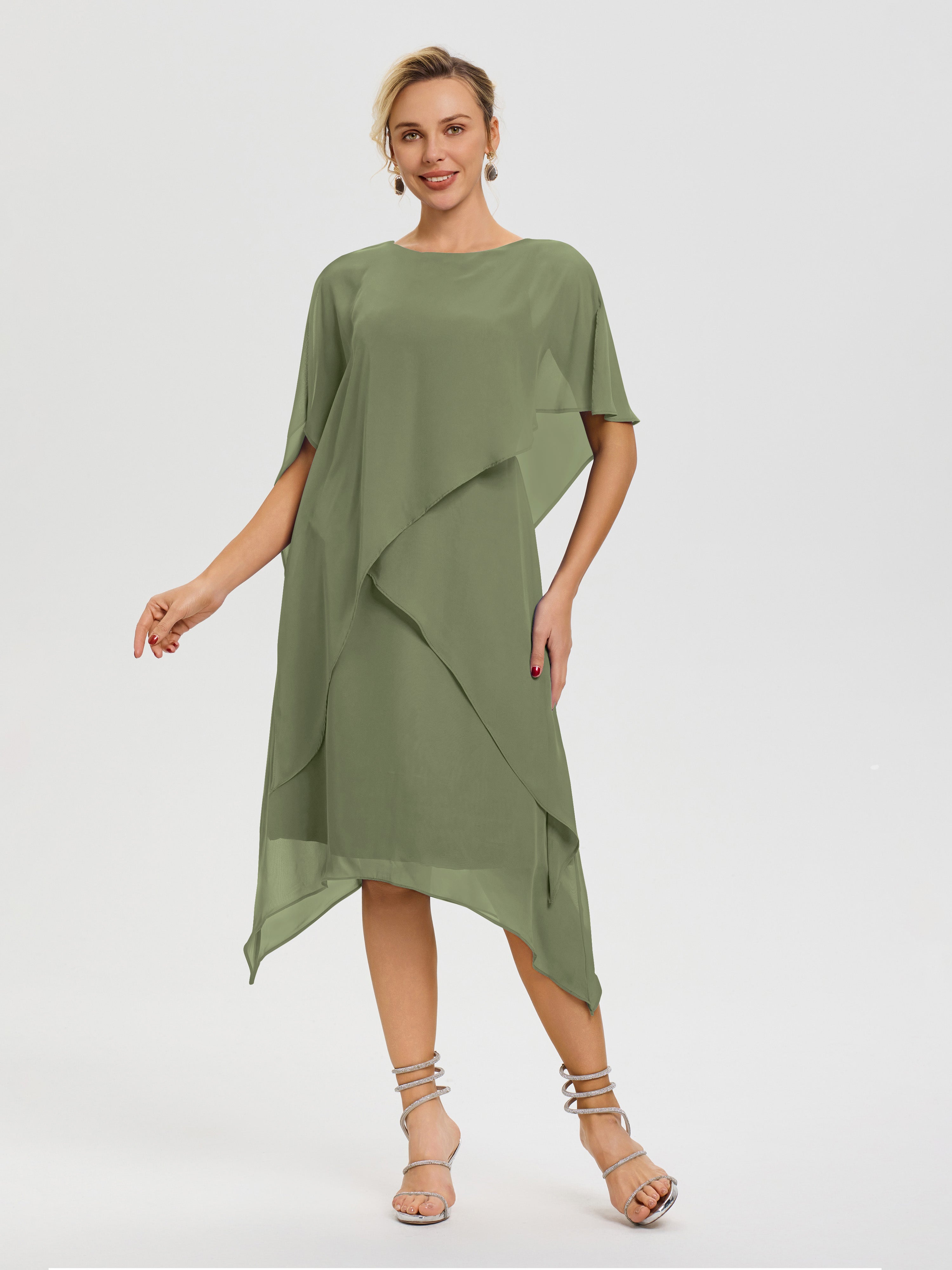 Robes Pour La Mère De La Mariée Vert Olive Col Rond Mousseline Asymétrique Robe Mère Du Marié
