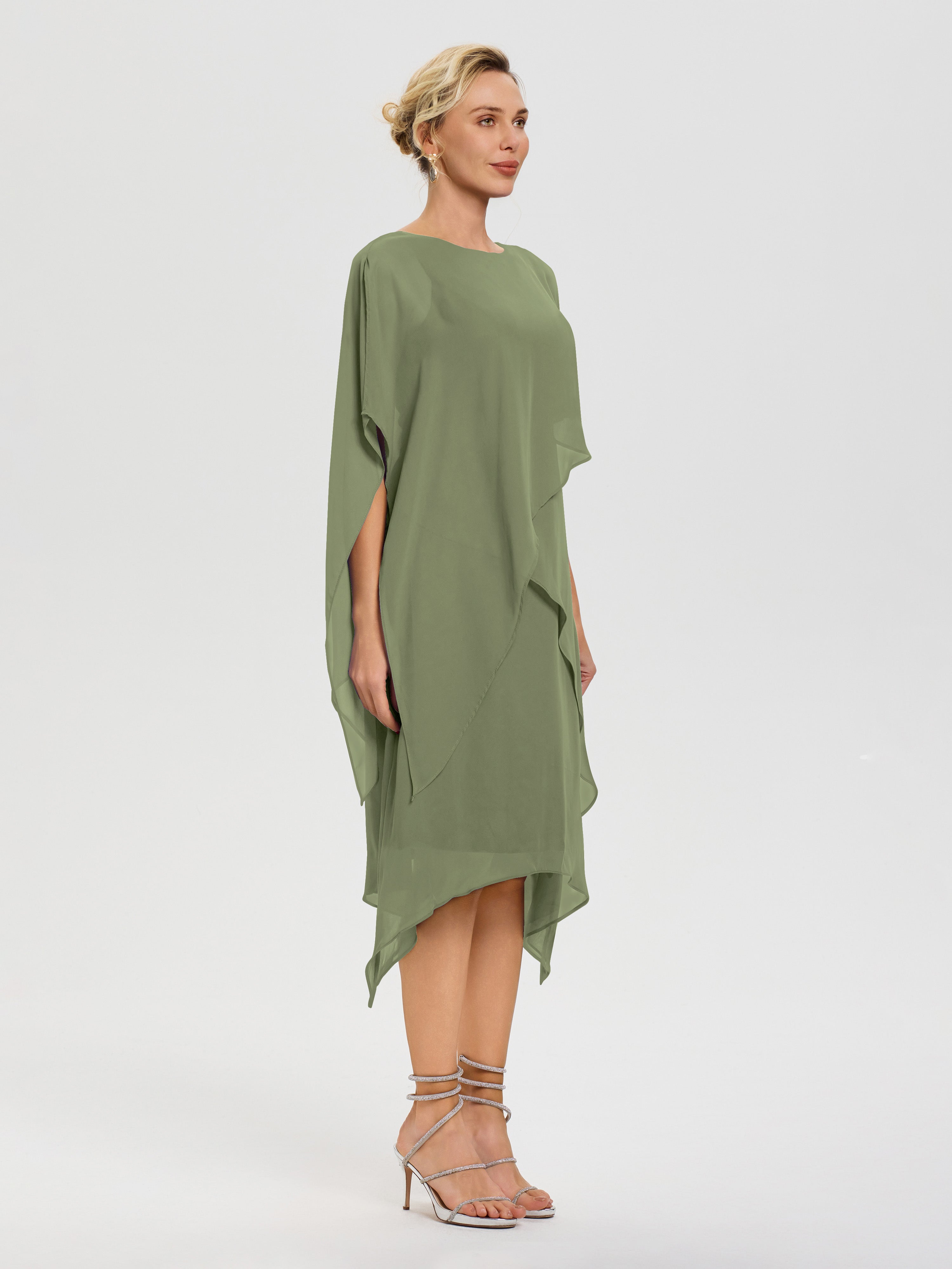 Robes Pour La Mère De La Mariée Vert Olive Col Rond Mousseline Asymétrique Robe Mère Du Marié
