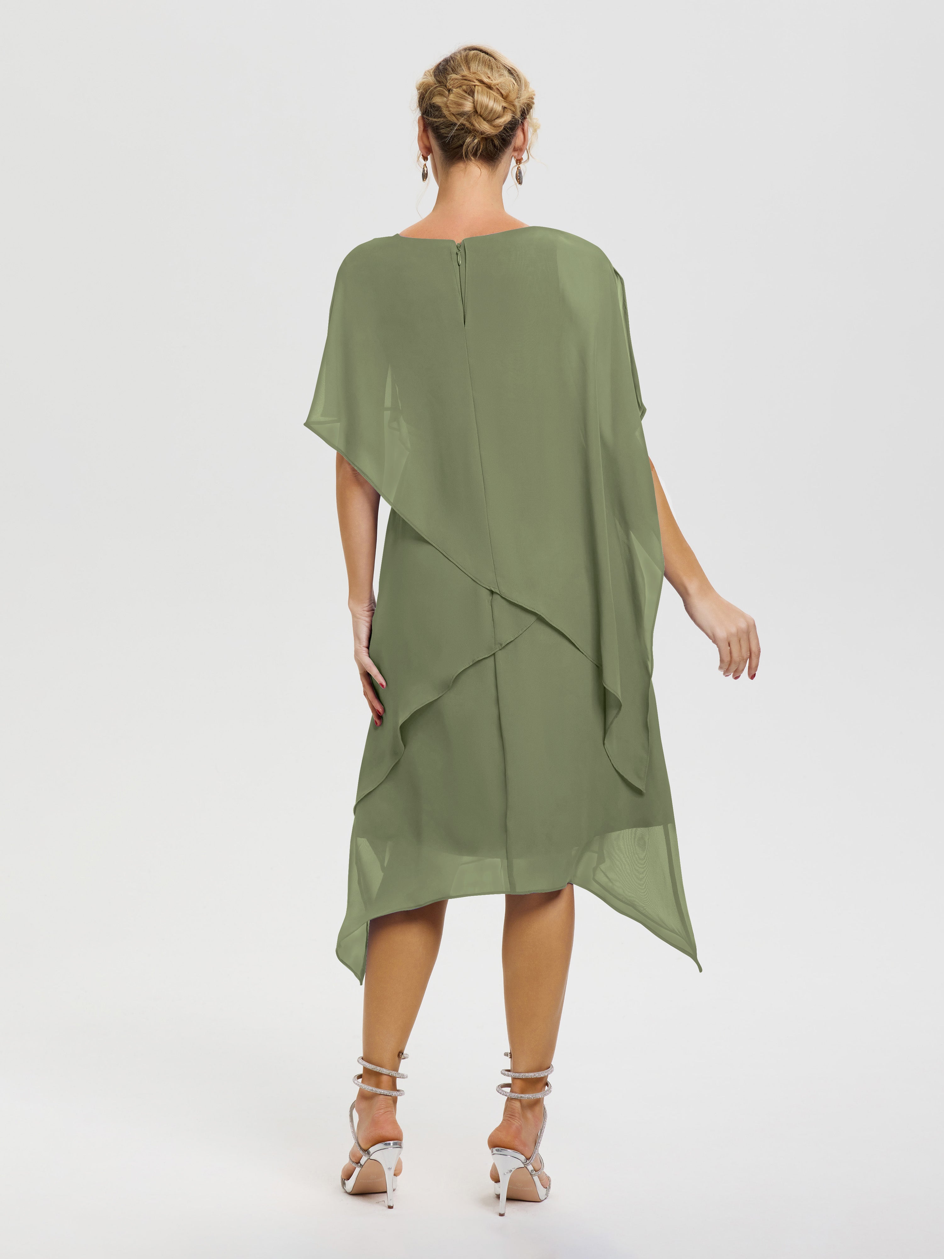 Robes Pour La Mère De La Mariée Vert Olive Col Rond Mousseline Asymétrique Robe Mère Du Marié