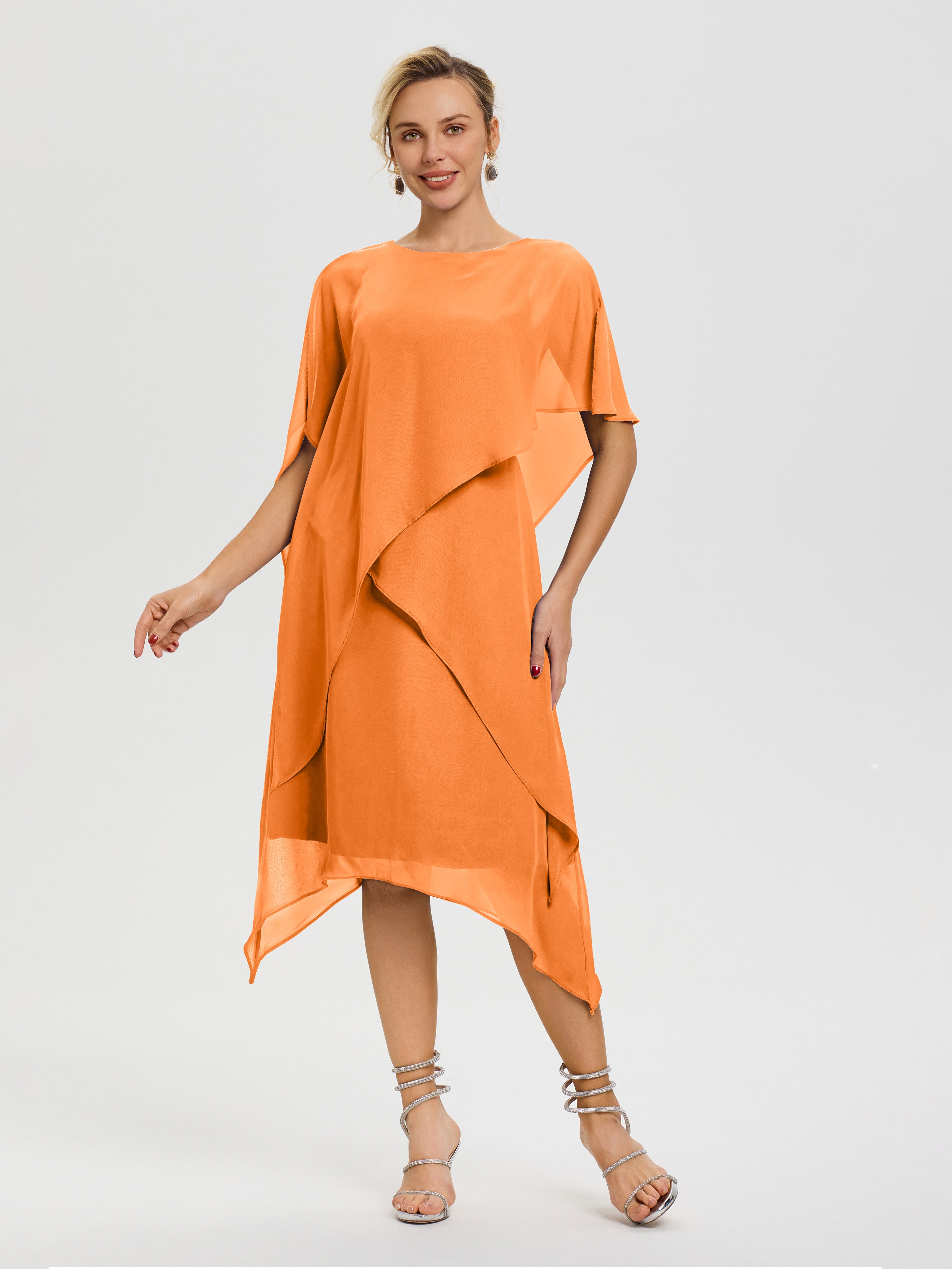Robe De Mère De Mariée Orange Col Rond Mousseline Asymétrique Robe Mère Du Marié