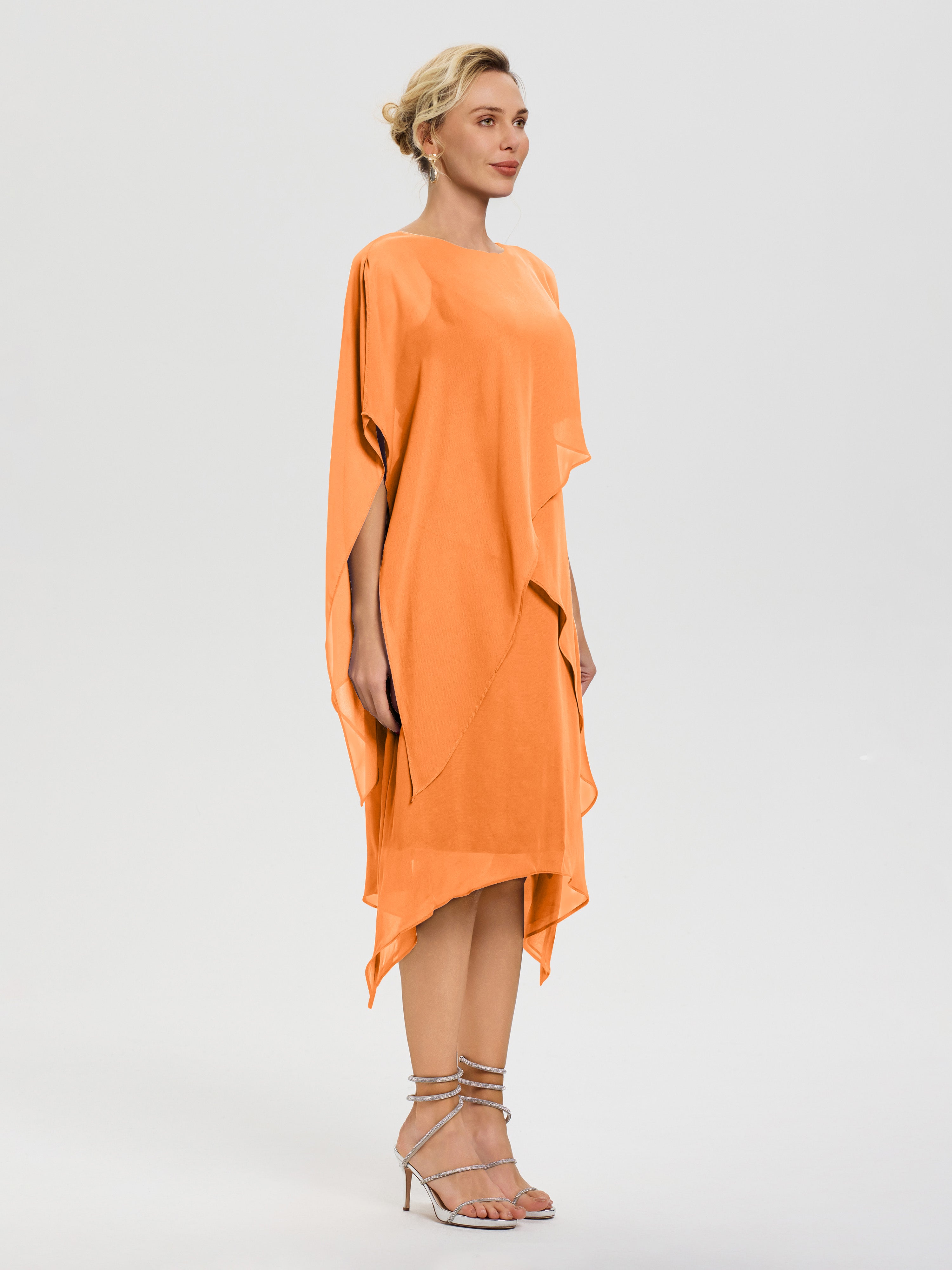 Robe De Mère De Mariée Orange Col Rond Mousseline Asymétrique Robe Mère Du Marié