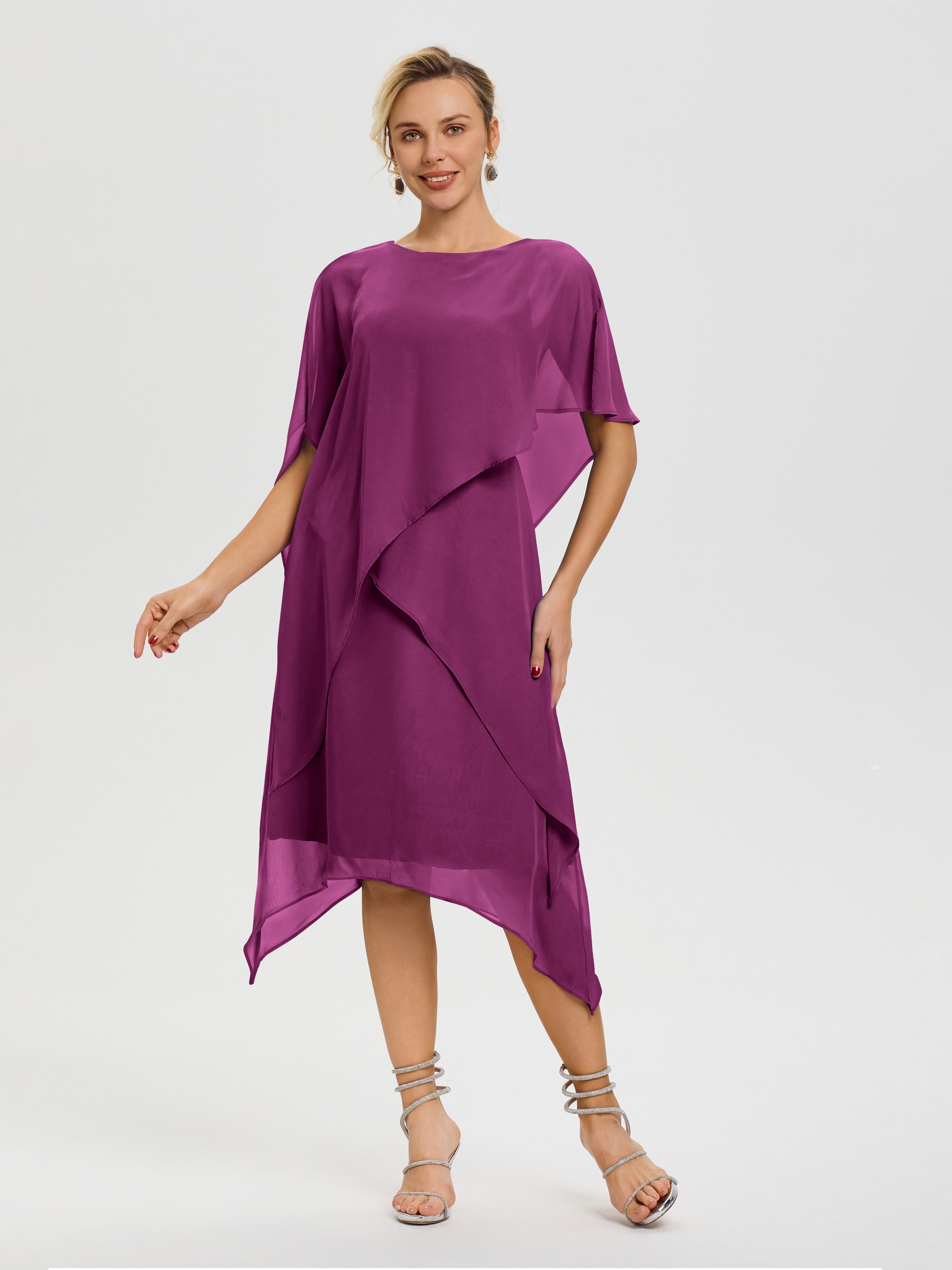 Robe Mère De La Mariee Orchidée Col Rond Mousseline Asymétrique Robe Mère Du Marié