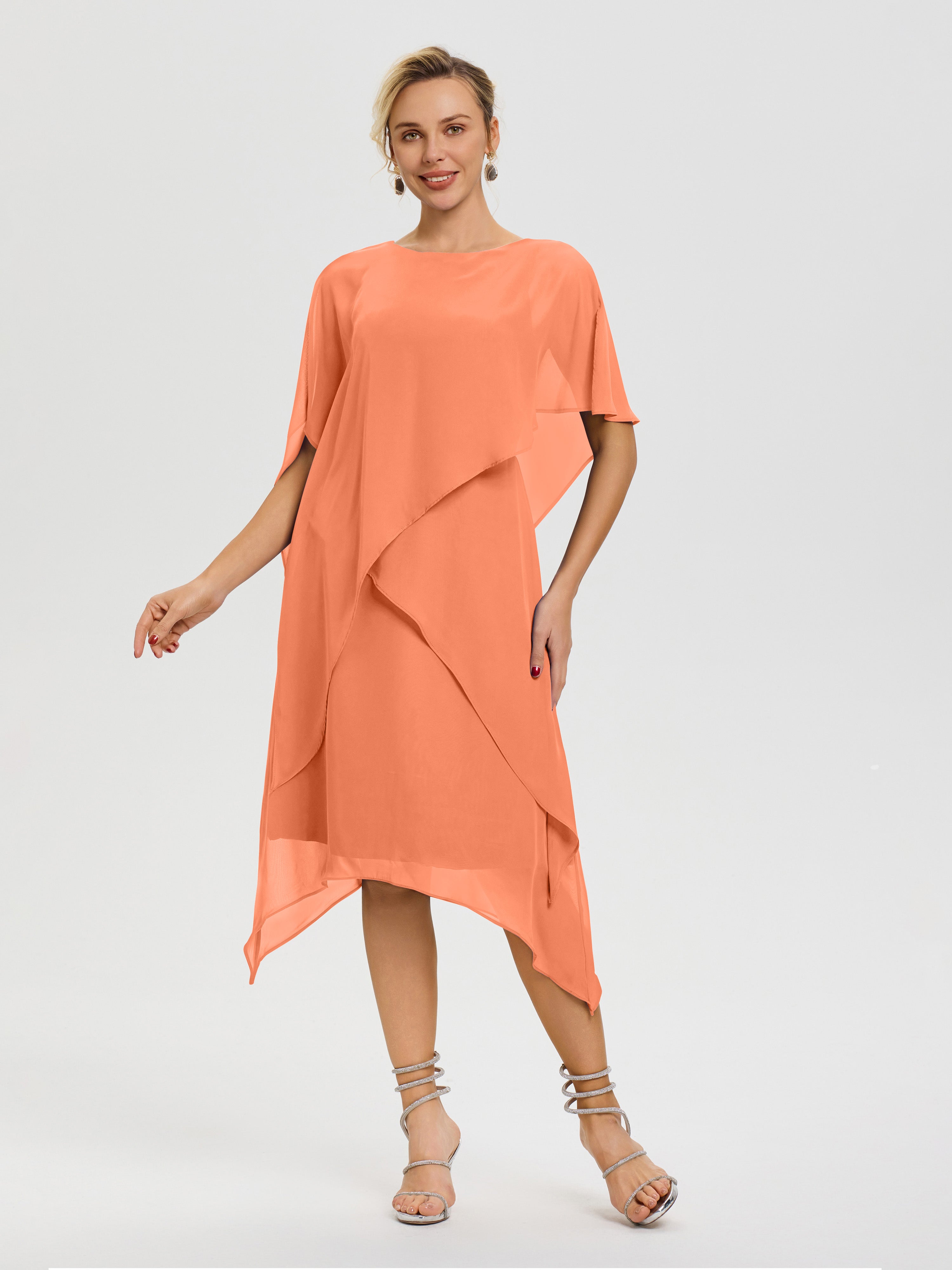 Robe Mère De La Mariee Papaye Col Rond Mousseline Asymétrique Robe Mère Du Marié