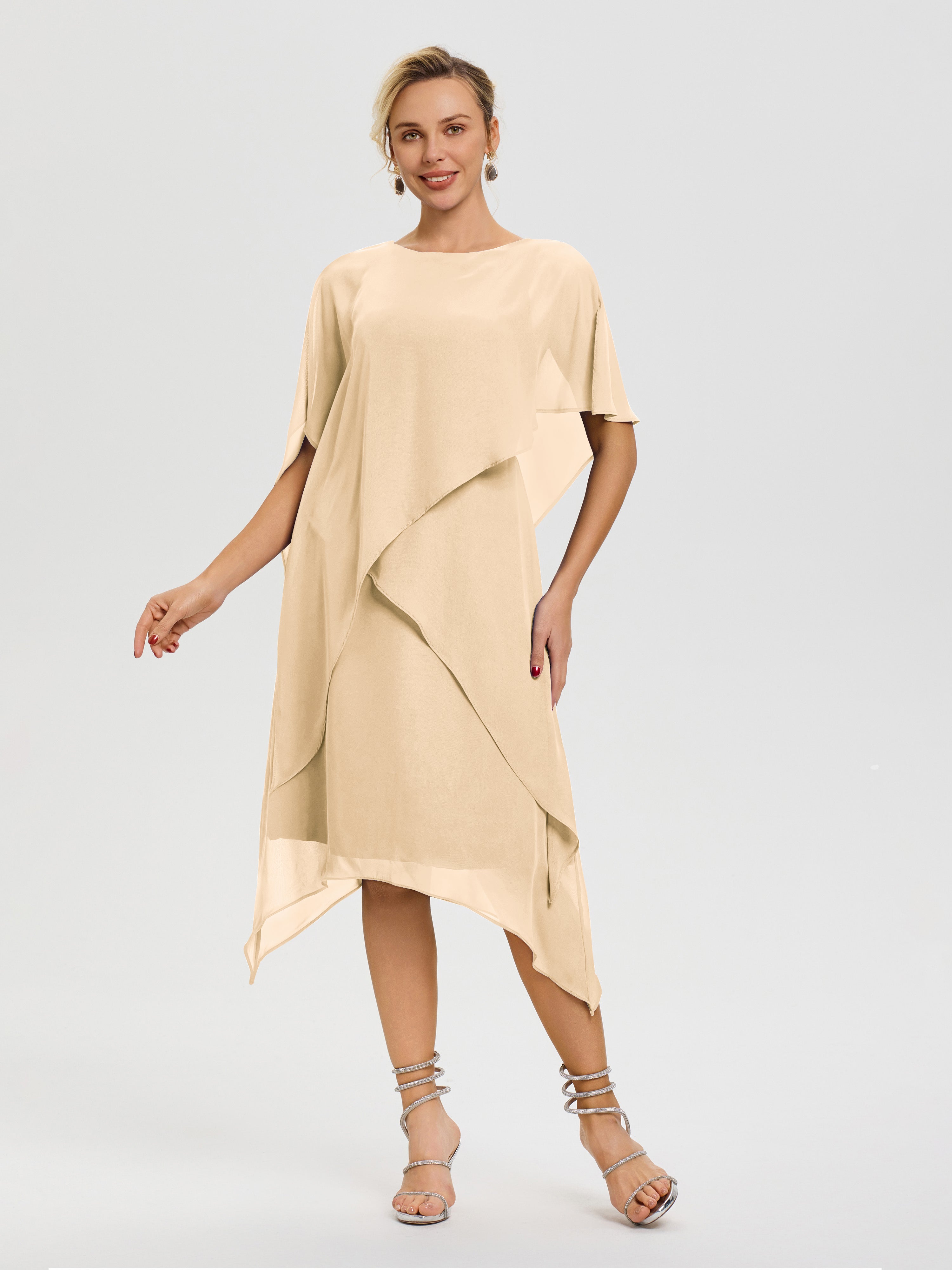 Robe Pour Mère De Mariée Pêche Col Rond Mousseline Asymétrique Robe Mère Du Marié