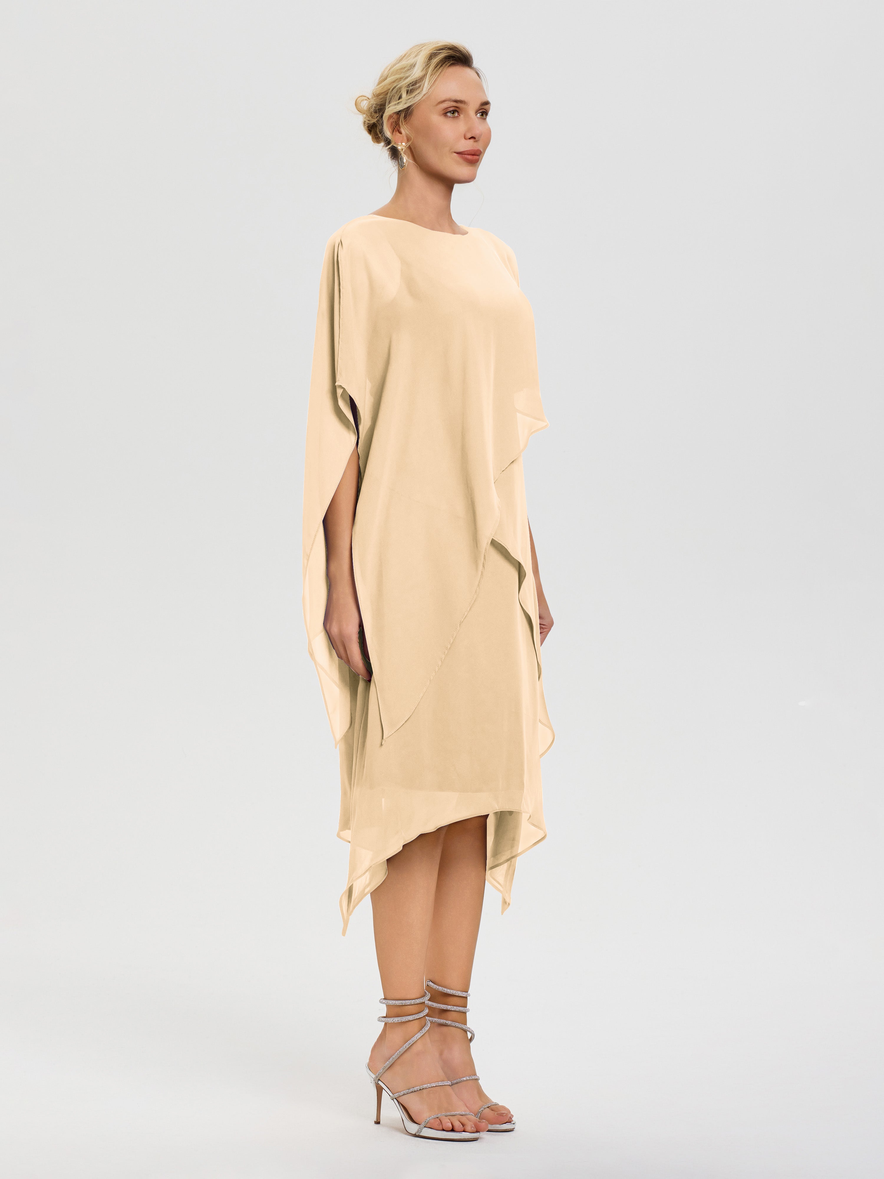 Robe Pour Mère De Mariée Pêche Col Rond Mousseline Asymétrique Robe Mère Du Marié