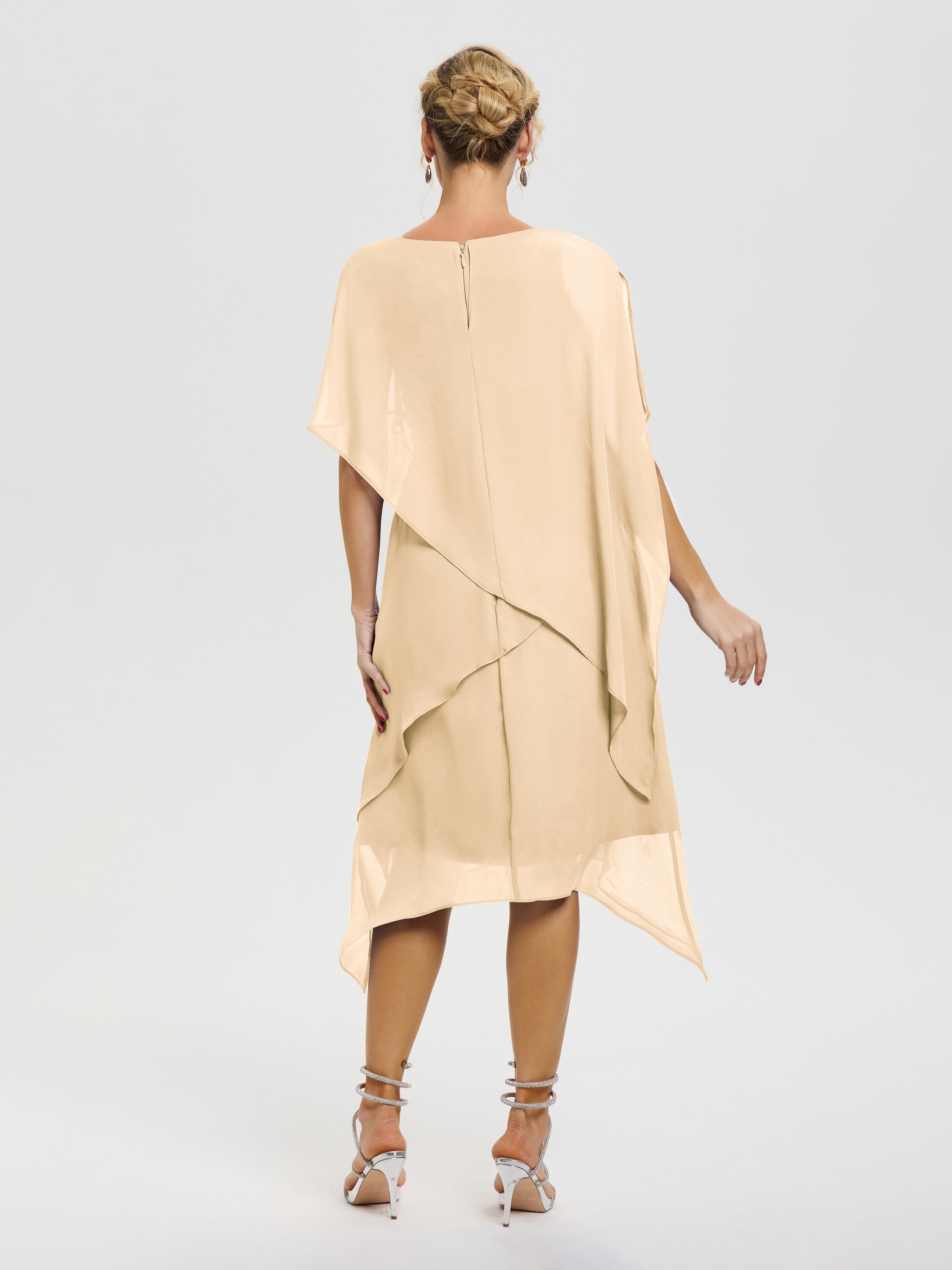 Robe Pour Mère De Mariée Pêche Col Rond Mousseline Asymétrique Robe Mère Du Marié