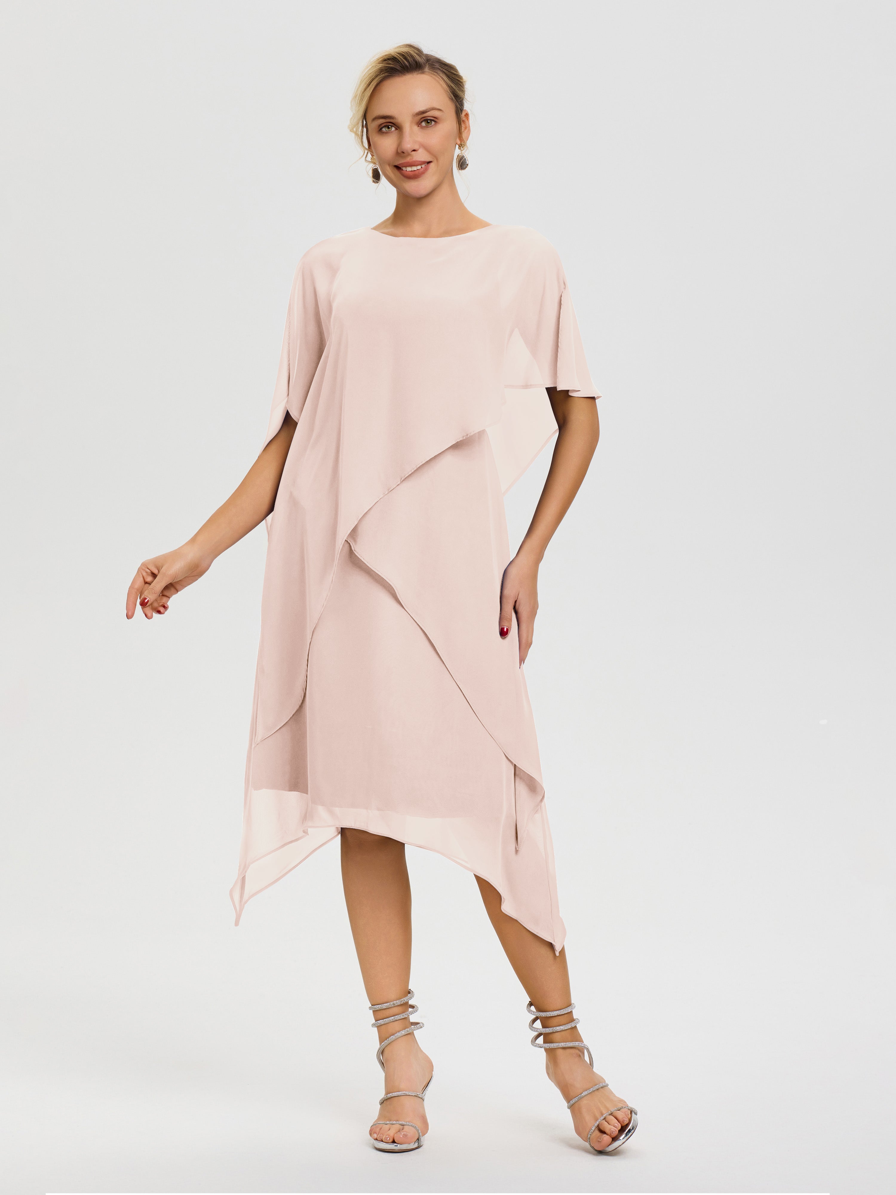 Robe Mère De La Mariee Rose Perle Col Rond Mousseline Asymétrique Robe Mère Du Marié