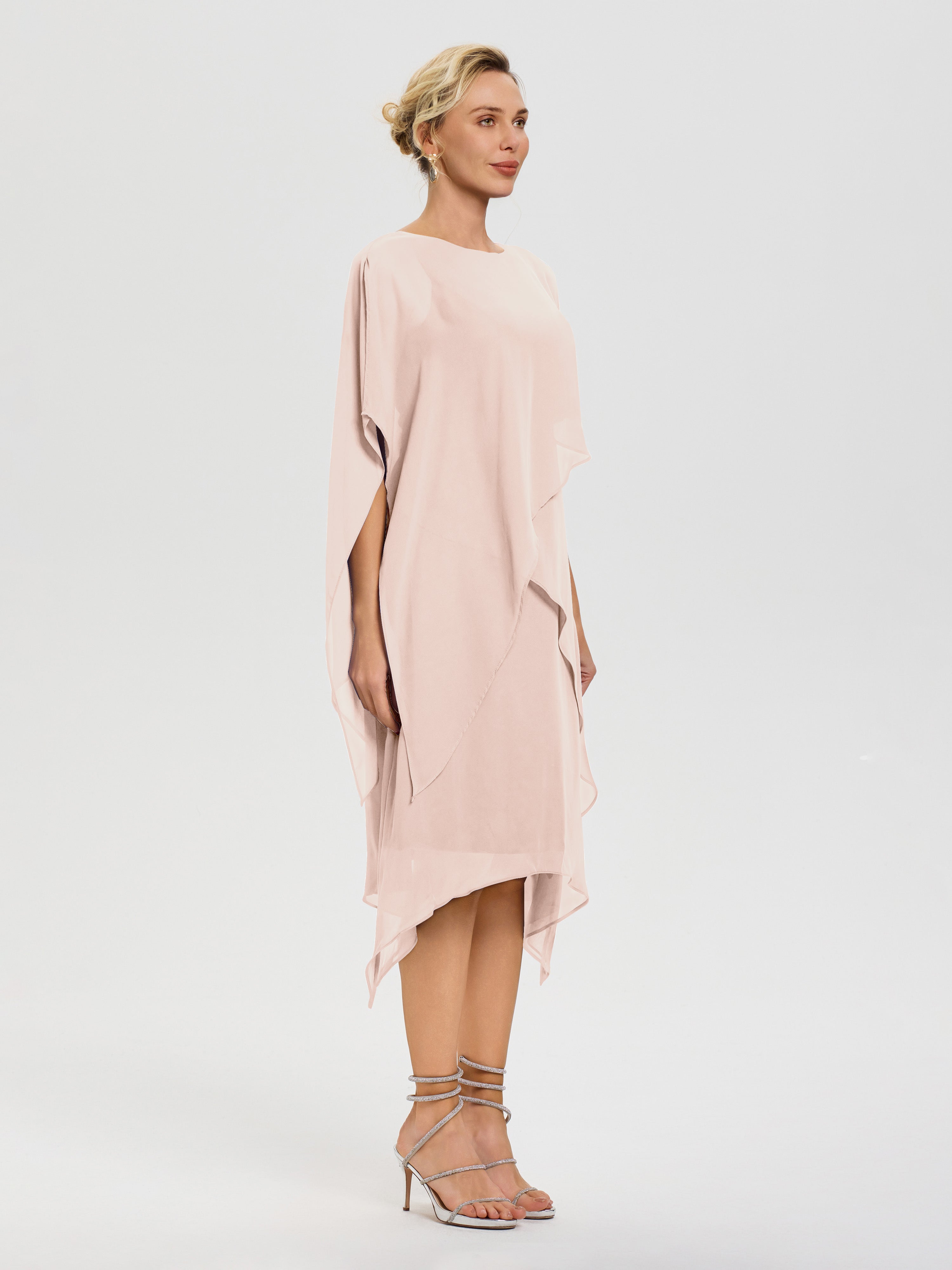 Robe Mère De La Mariee Rose Perle Col Rond Mousseline Asymétrique Robe Mère Du Marié