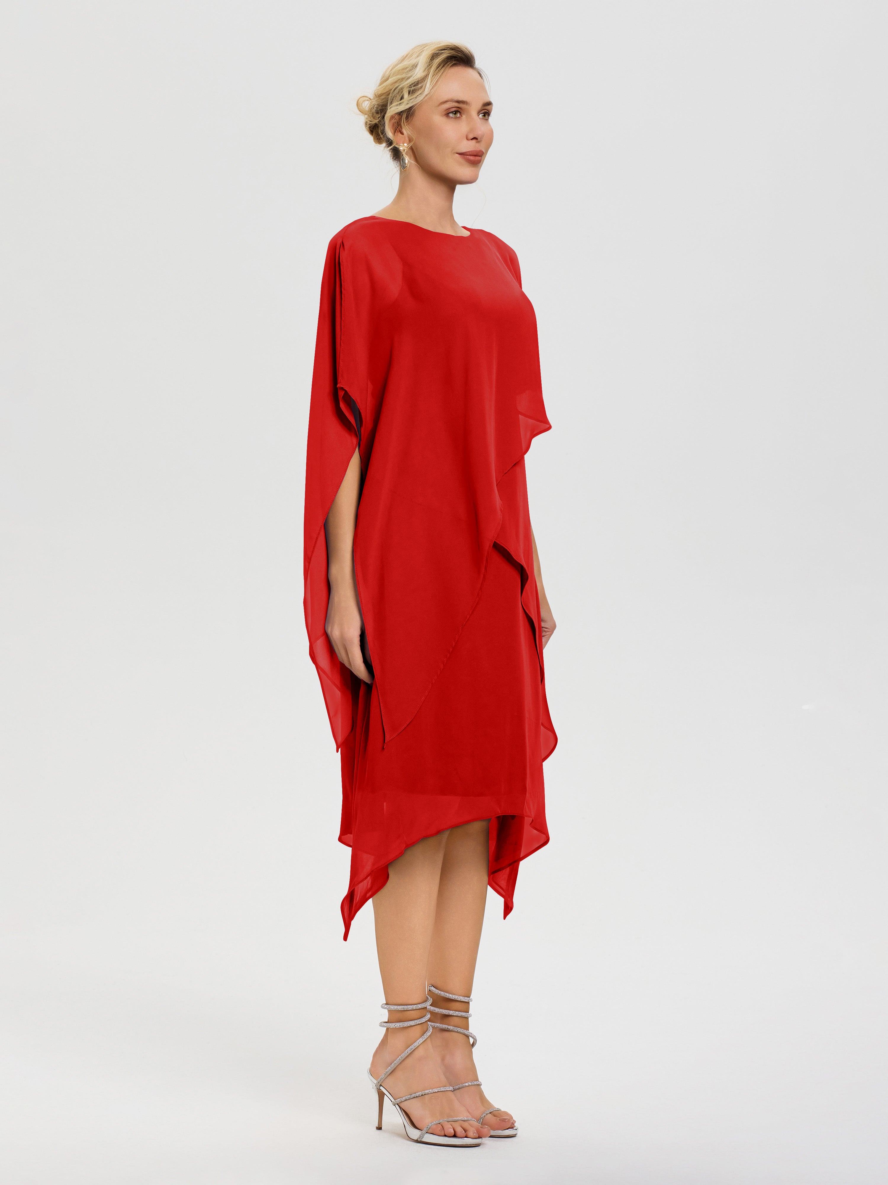 Robe Mère De La Mariee Rouge Col Rond Mousseline Asymétrique Robe Mère Du Marié