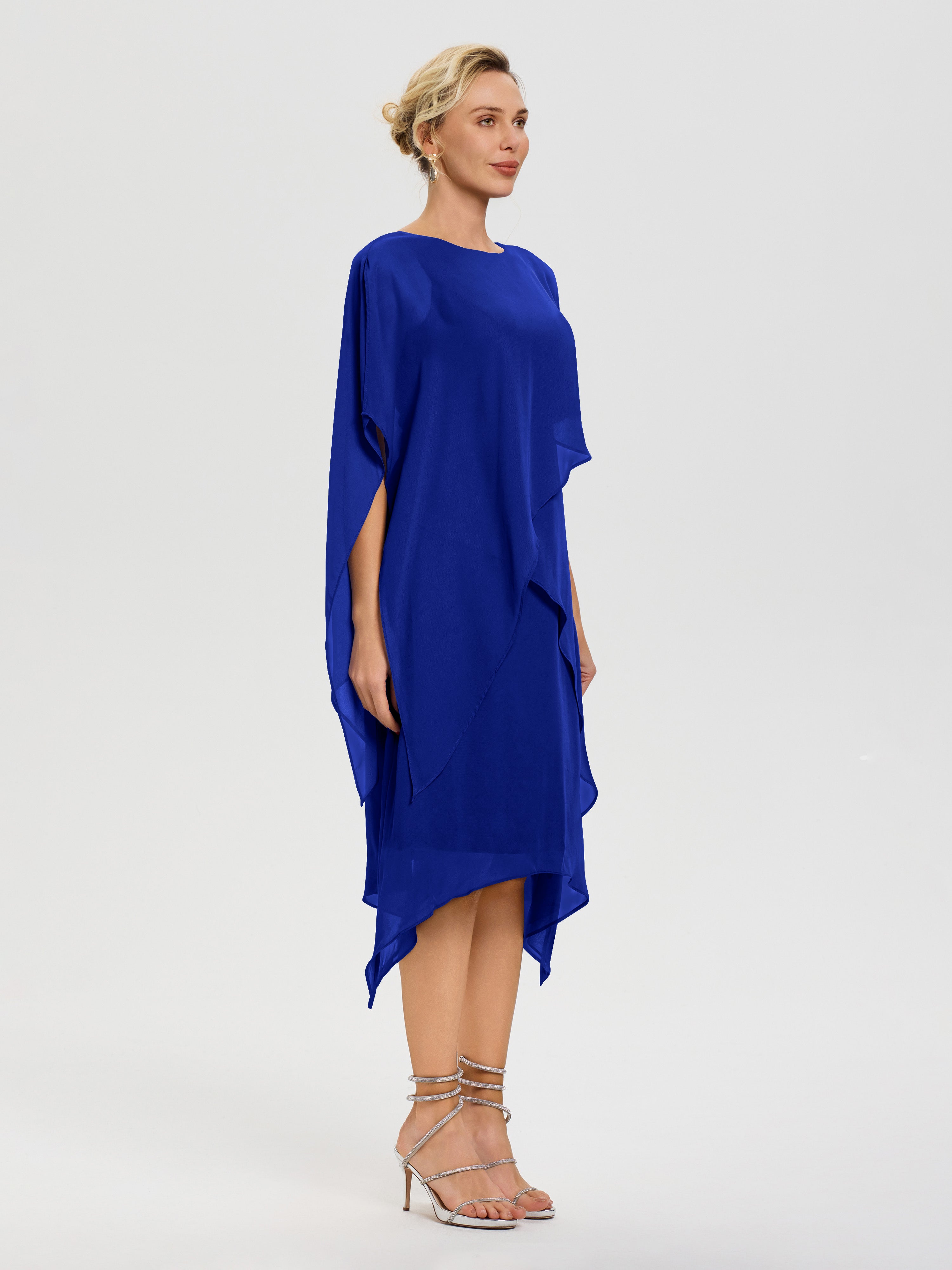 Robe De La Mère De La Mariée Bleu Royale Col Rond Mousseline Asymétrique Robe Mère Du Marié