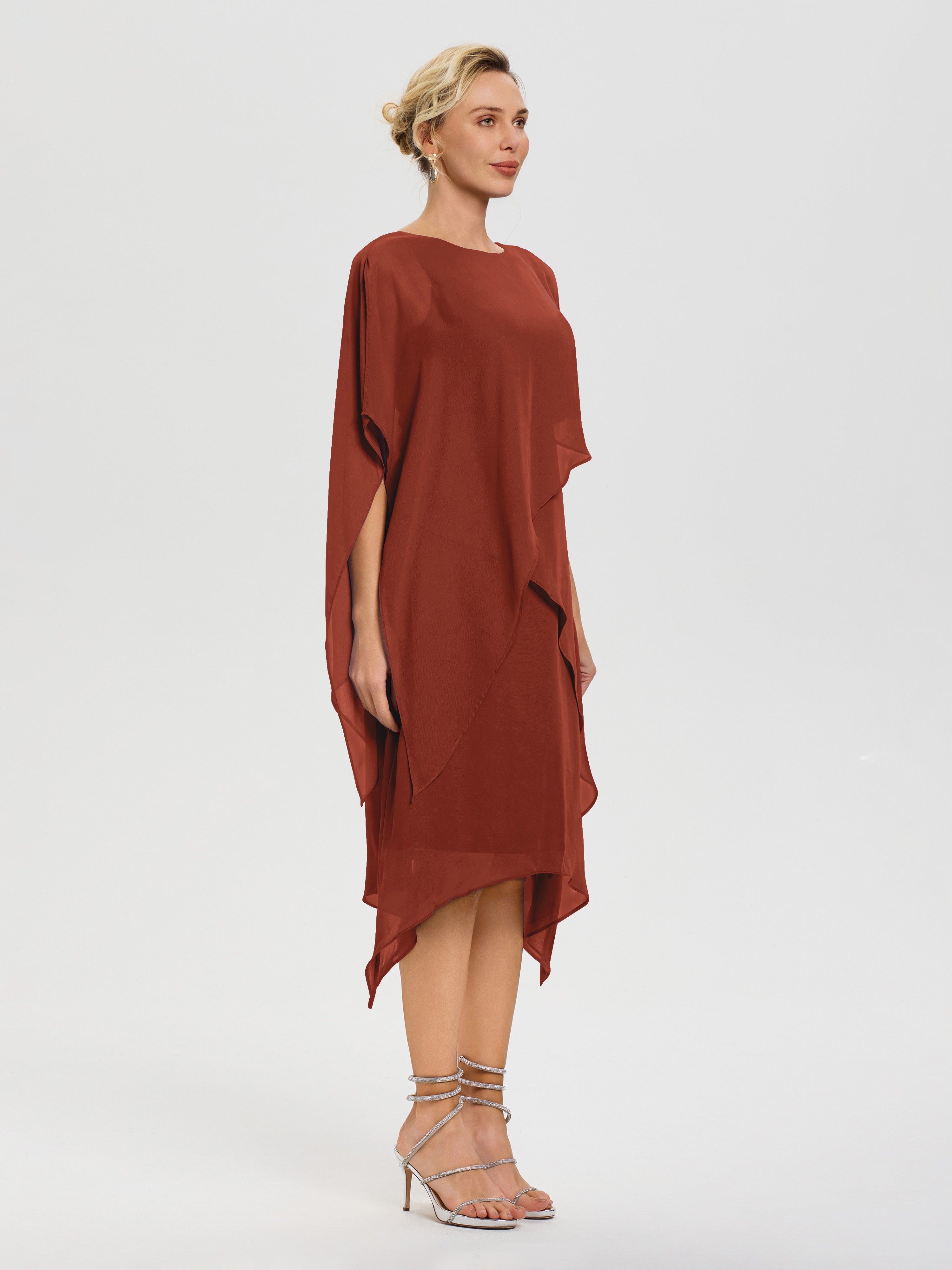 Robe Mère De La Mariee Rouille Col Rond Mousseline Asymétrique Robe Mère Du Marié
