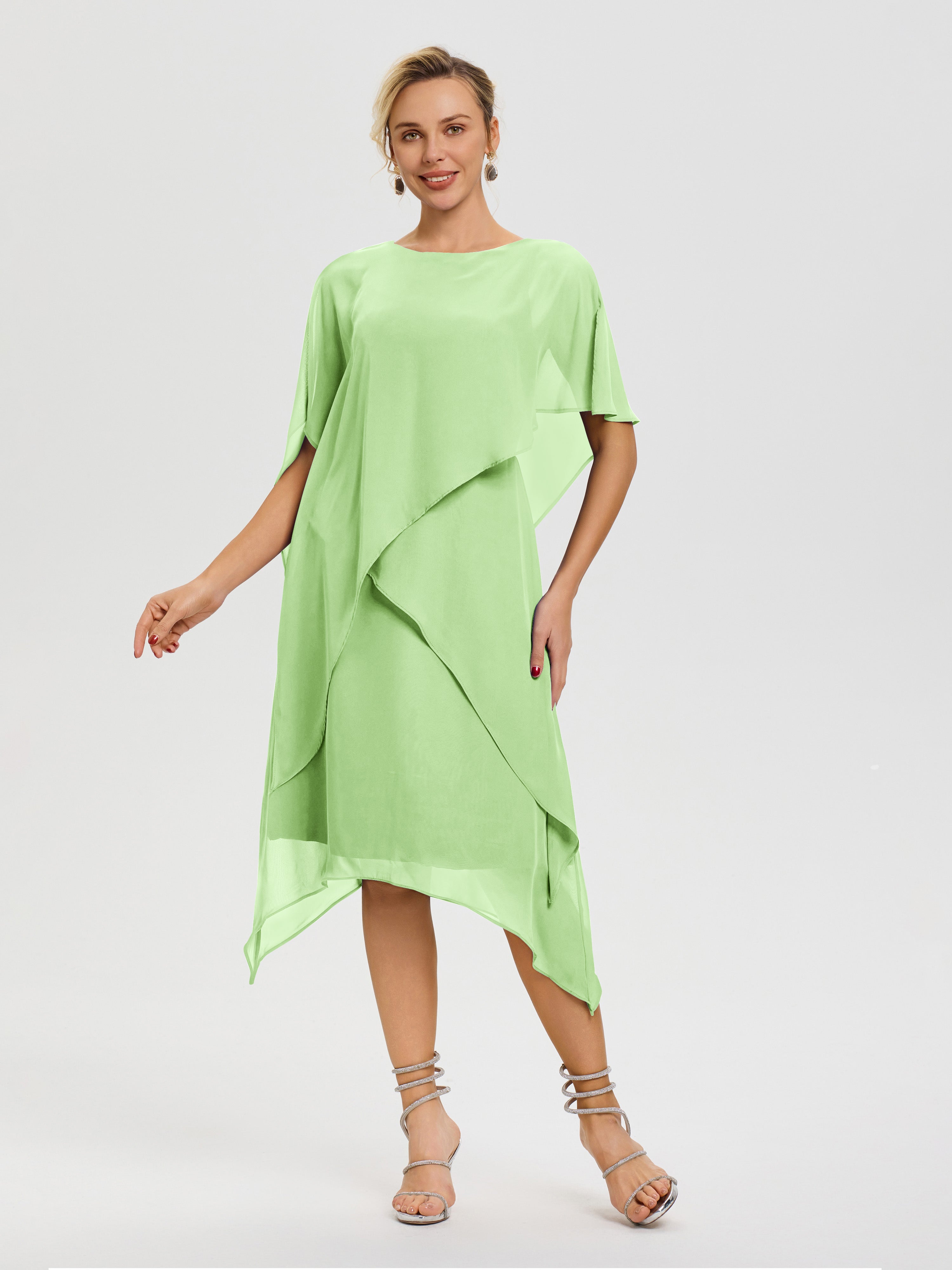 Robe Mère De La Mariée Vert Sauge Col Rond Mousseline Asymétrique Robe Mère Du Marié