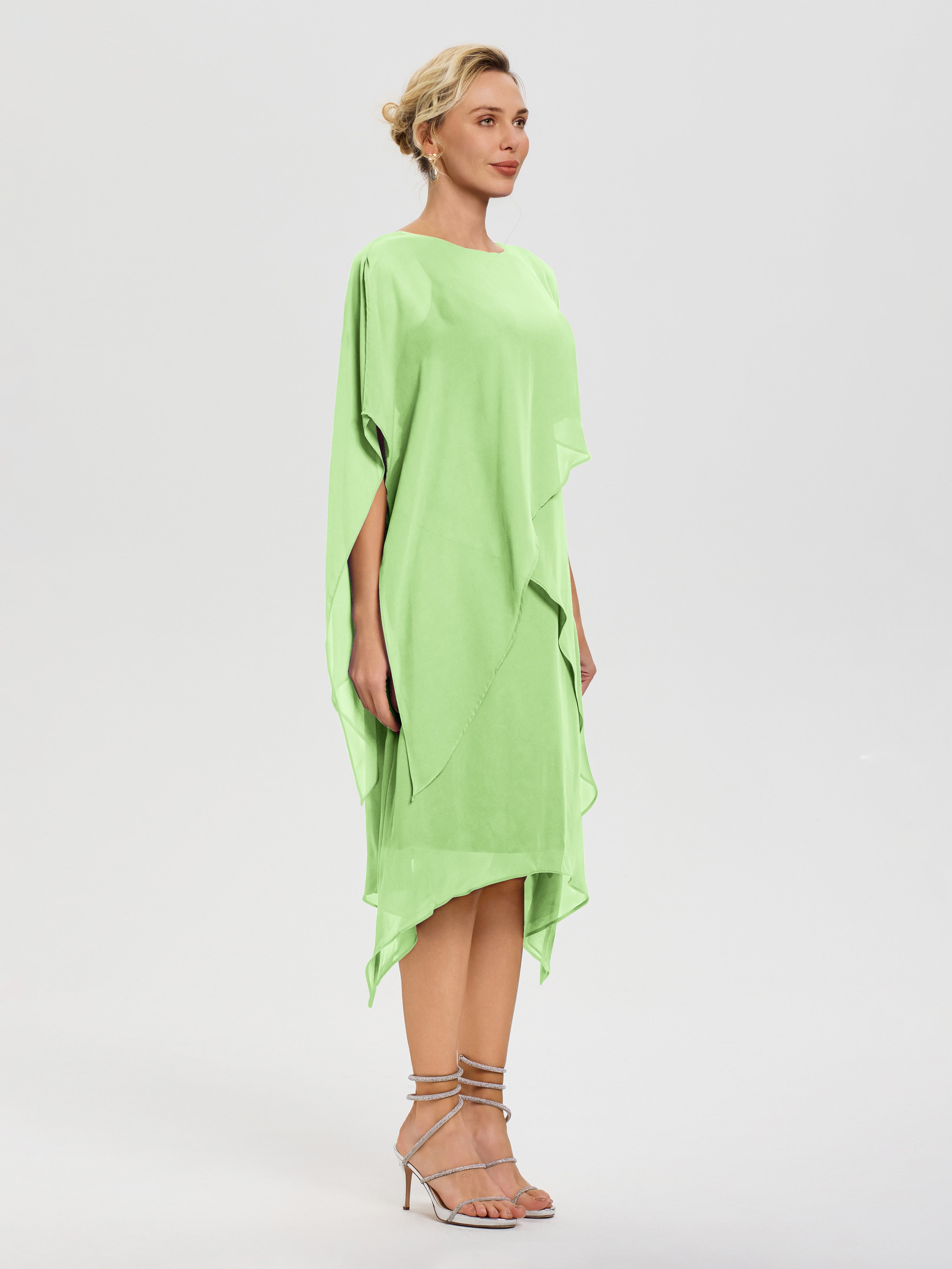 Robe Mère De La Mariée Vert Sauge Col Rond Mousseline Asymétrique Robe Mère Du Marié