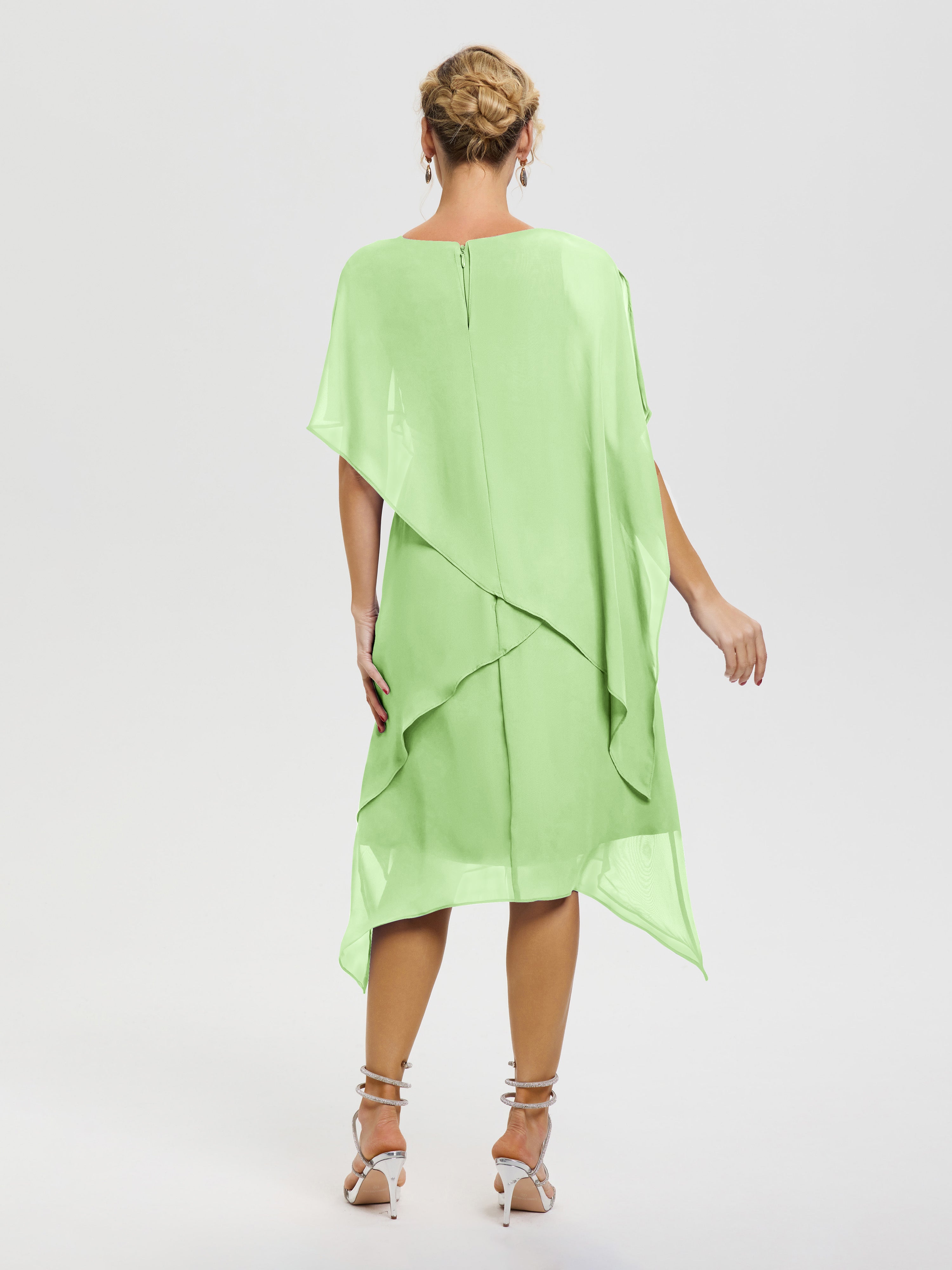 Robe Mère De La Mariée Vert Sauge Col Rond Mousseline Asymétrique Robe Mère Du Marié