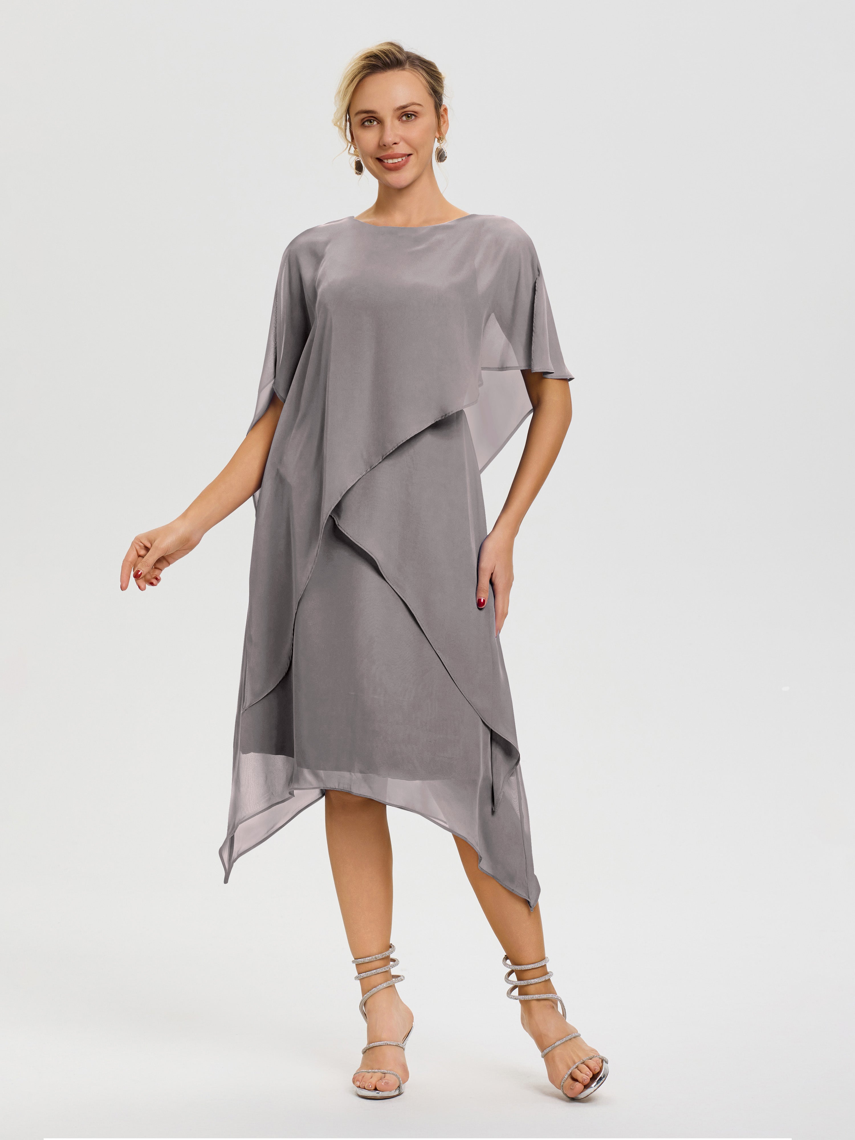 Robe De La Mère De La Mariée Argent Col Rond Mousseline Asymétrique Robe Mère Du Marié
