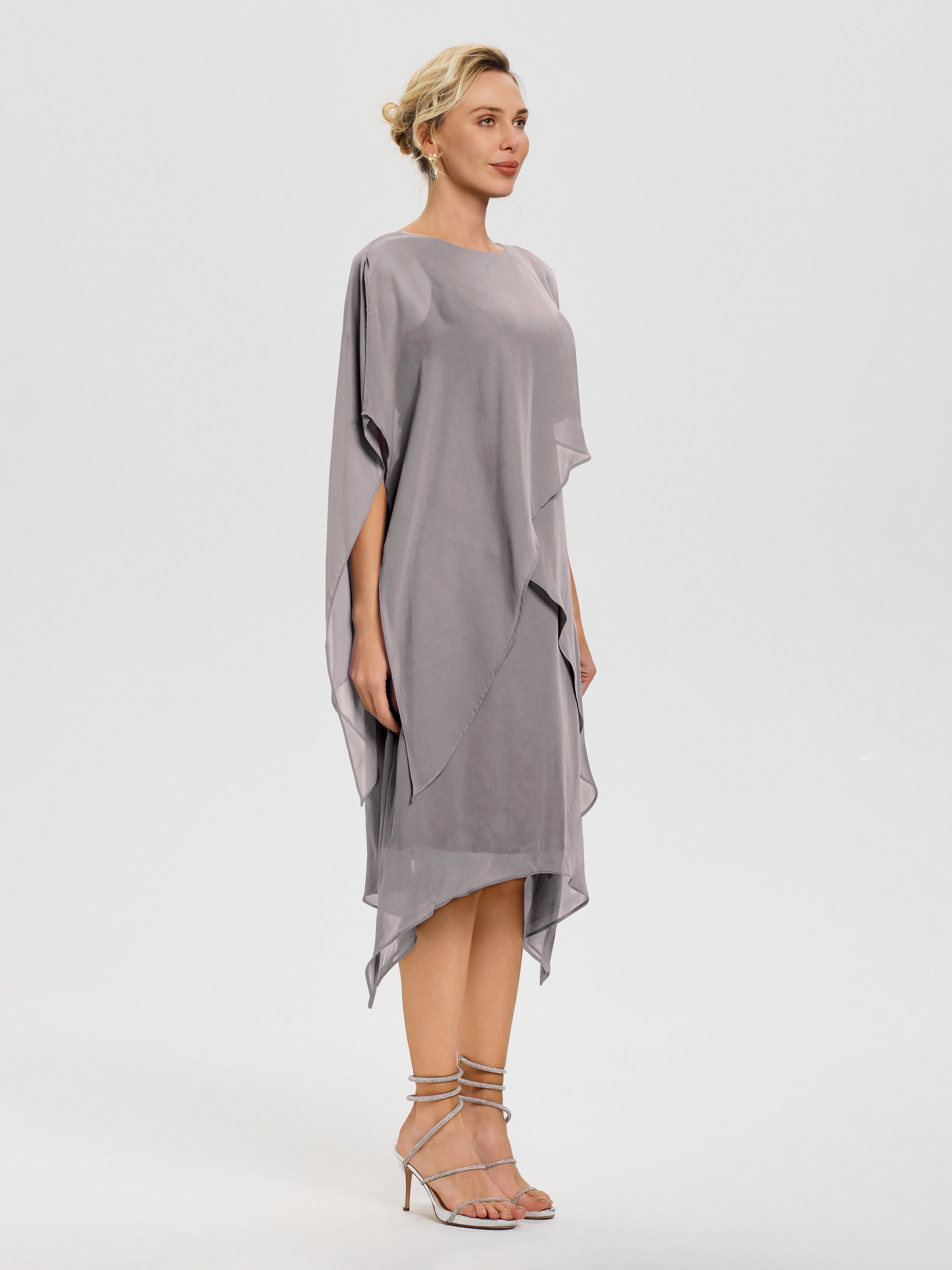 Robe De La Mère De La Mariée Argent Col Rond Mousseline Asymétrique Robe Mère Du Marié