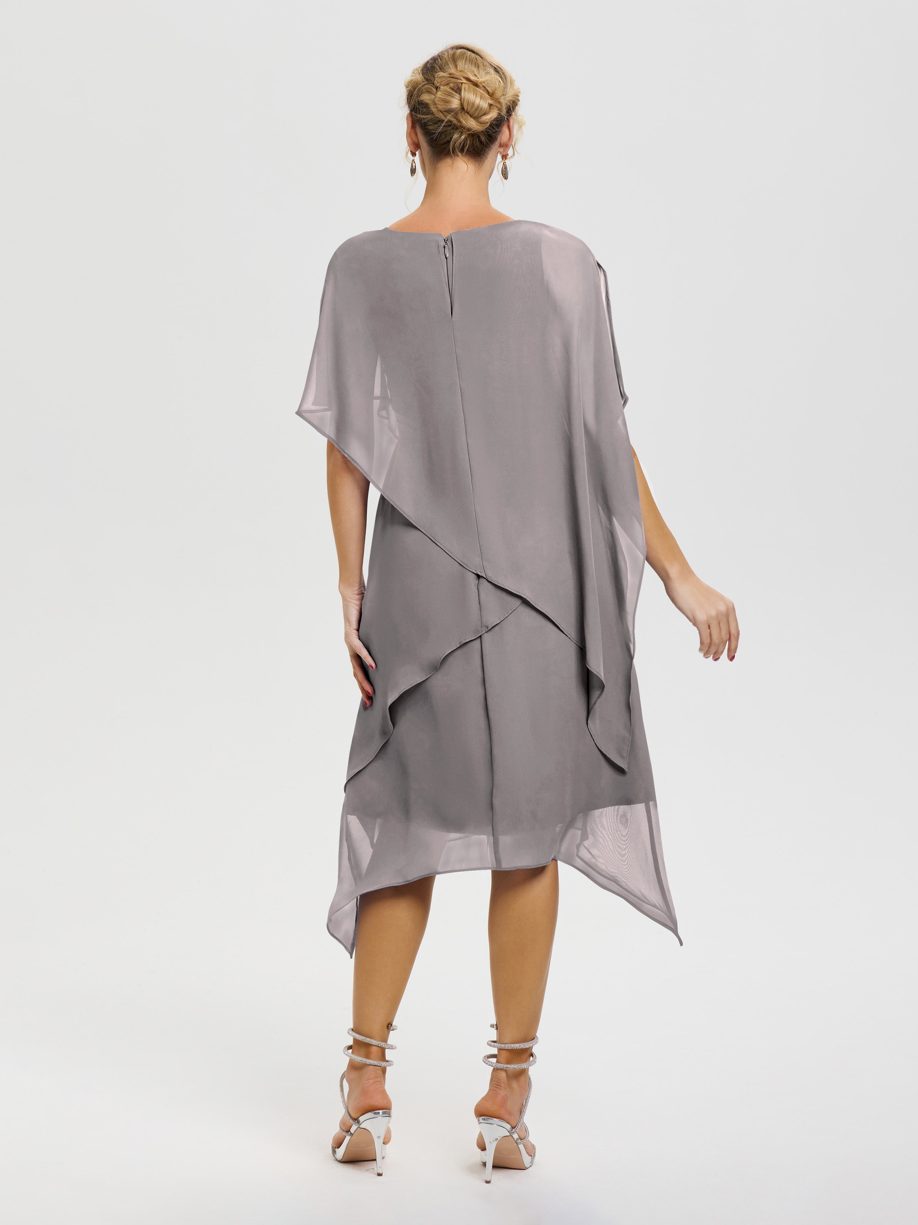 Robe De La Mère De La Mariée Argent Col Rond Mousseline Asymétrique Robe Mère Du Marié