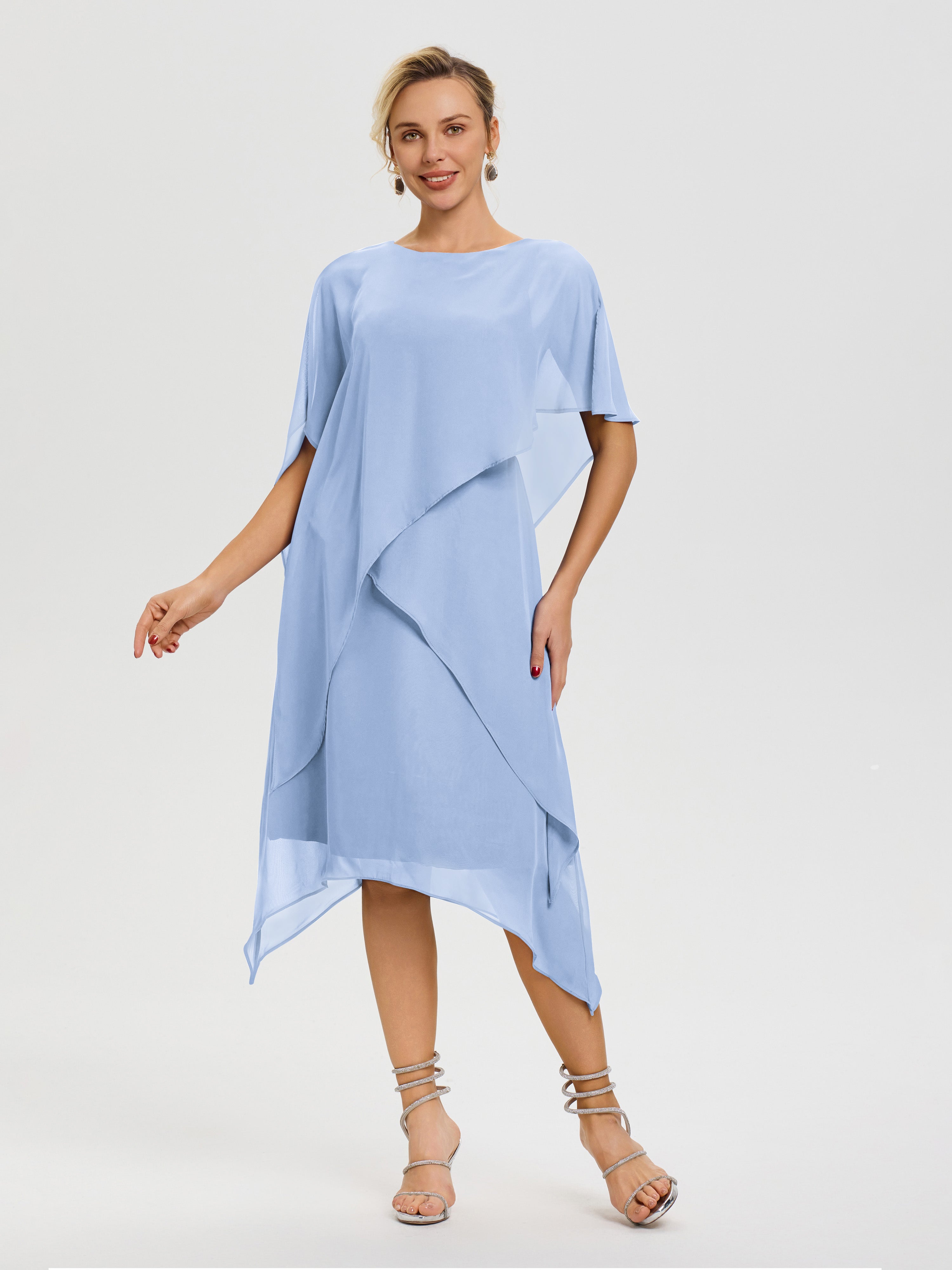 Robe De La Mère De La Mariée Bleu Ciel Col Rond Mousseline Asymétrique Robe Mère Du Marié