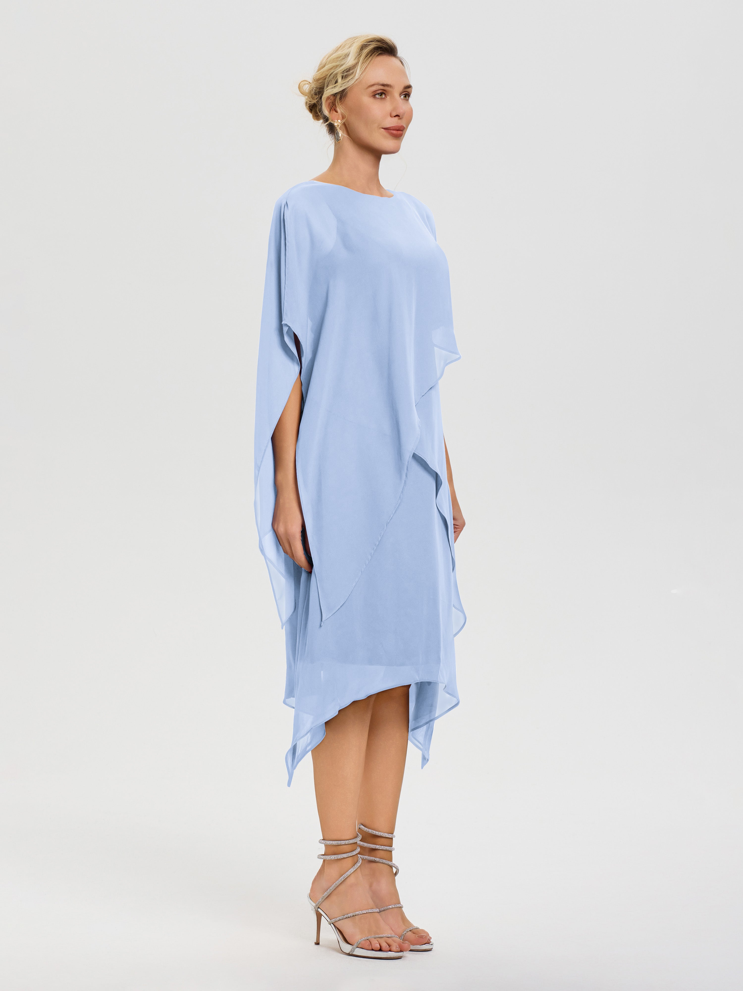 Robe De La Mère De La Mariée Bleu Ciel Col Rond Mousseline Asymétrique Robe Mère Du Marié