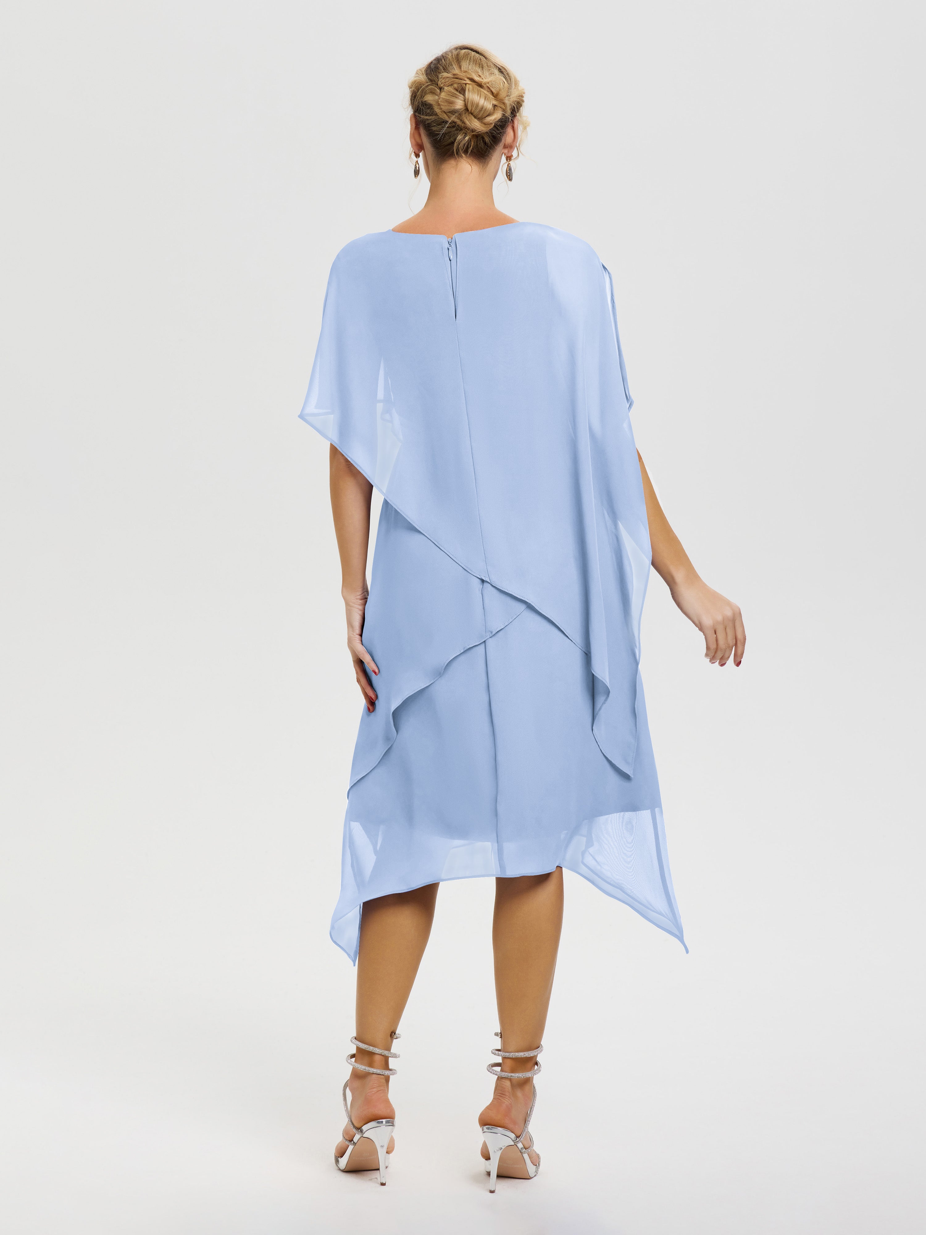 Robe De La Mère De La Mariée Bleu Ciel Col Rond Mousseline Asymétrique Robe Mère Du Marié