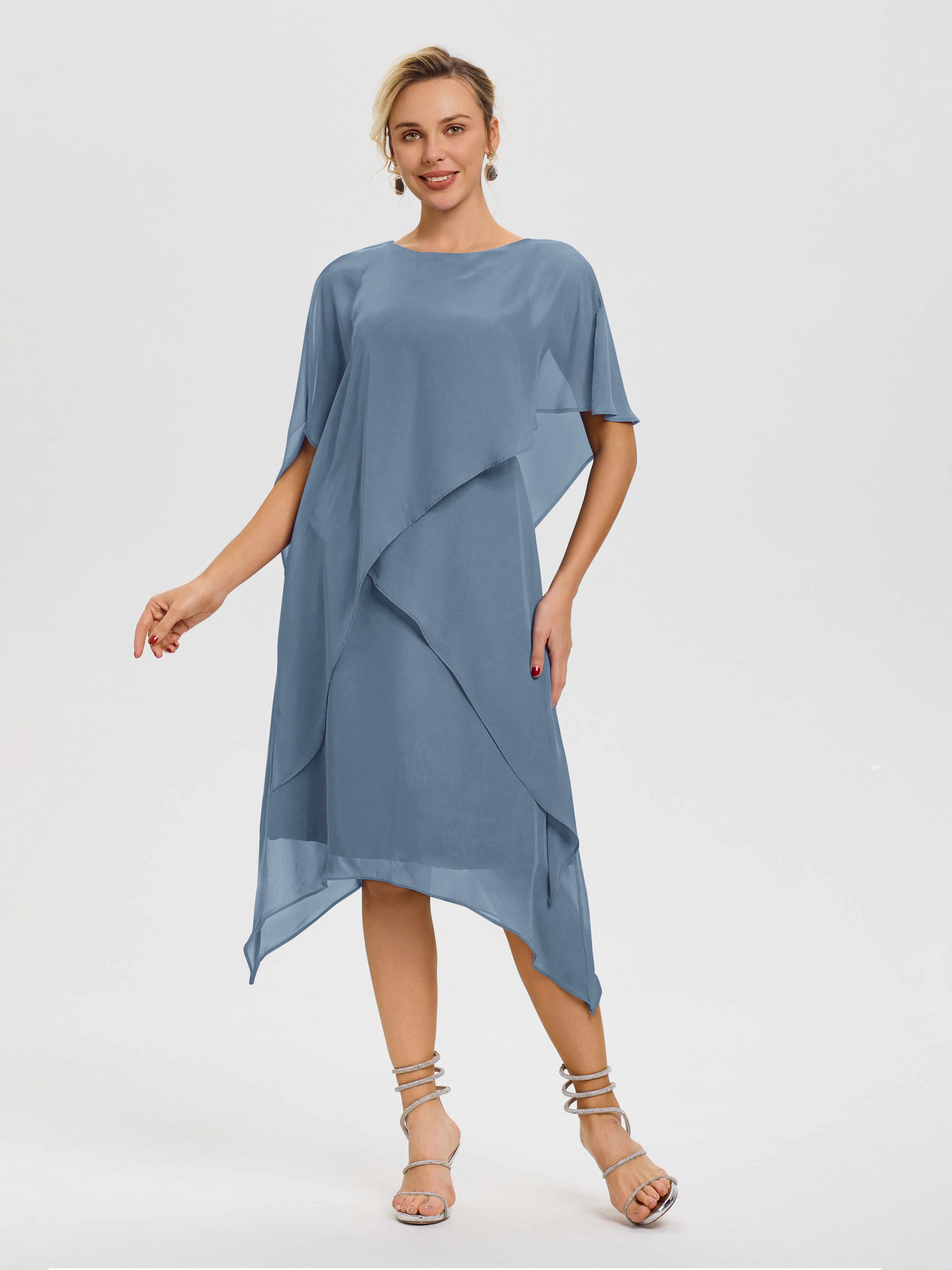 Robe Pour La Mère De La Mariée Bleu De Schiste Col Rond Mousseline Asymétrique Robe Mère Du Marié