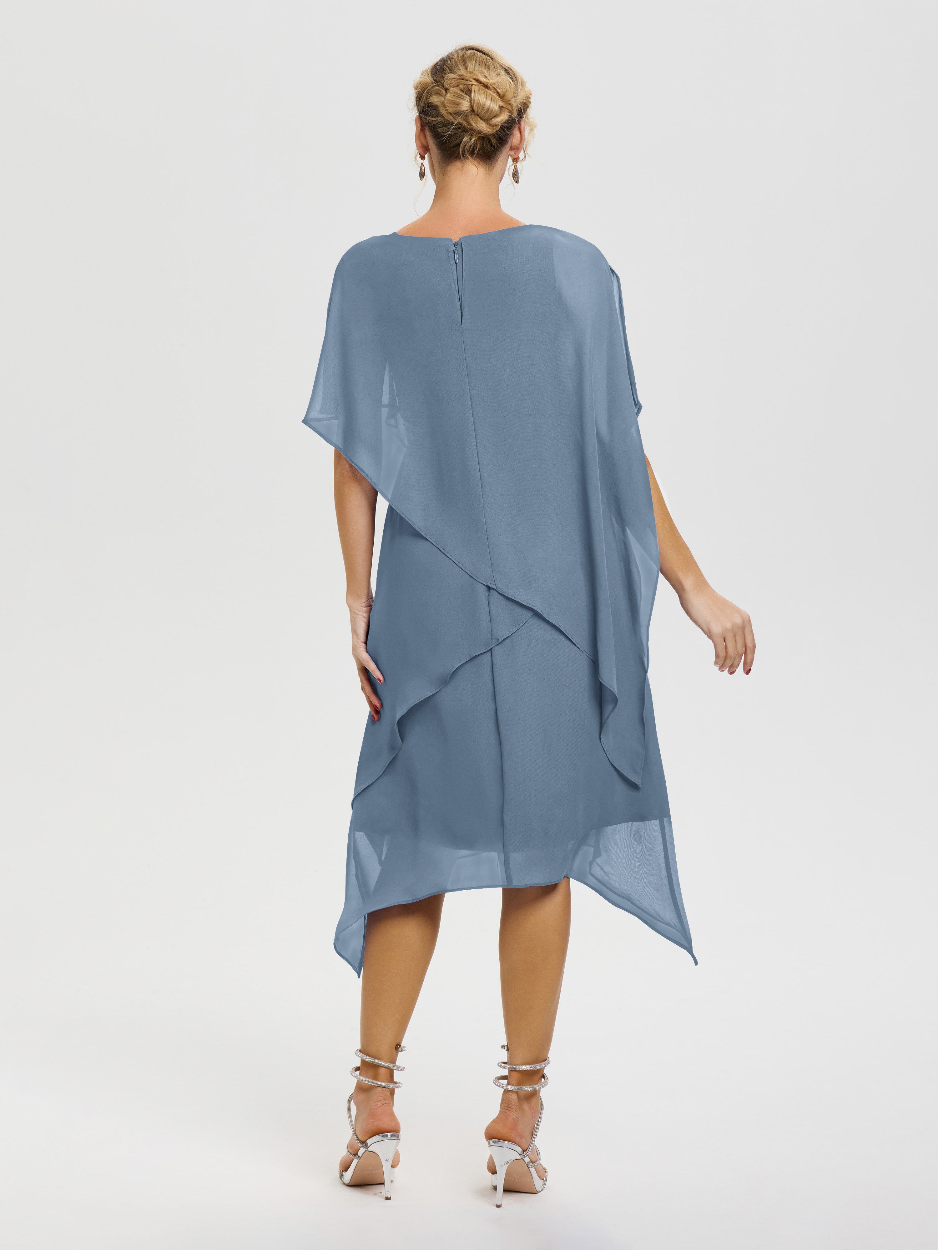 Robe Pour La Mère De La Mariée Bleu De Schiste Col Rond Mousseline Asymétrique Robe Mère Du Marié