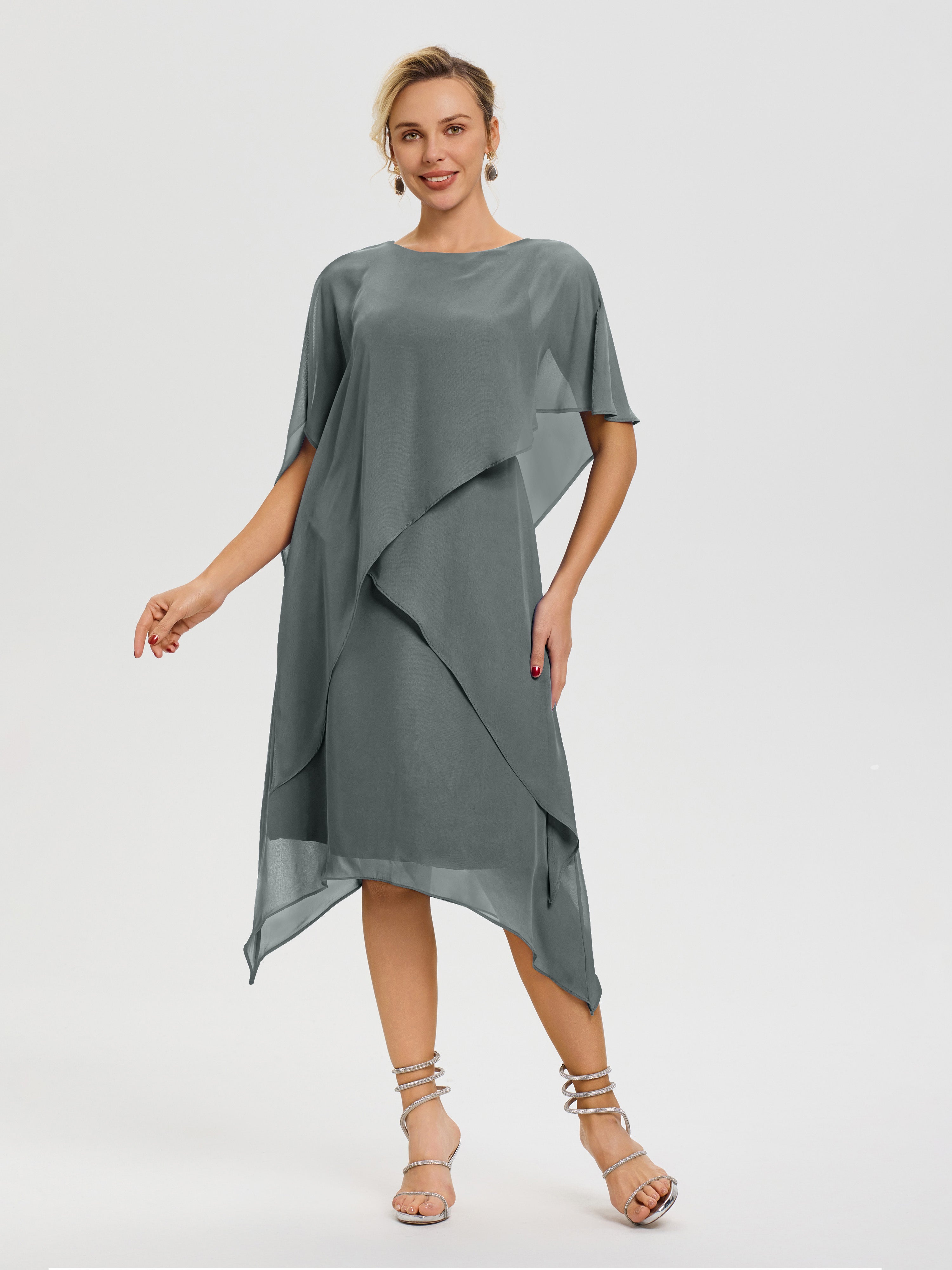 Robe Pour Mère De La Mariée Gris Acier Col Rond Mousseline Asymétrique Robe Mère Du Marié