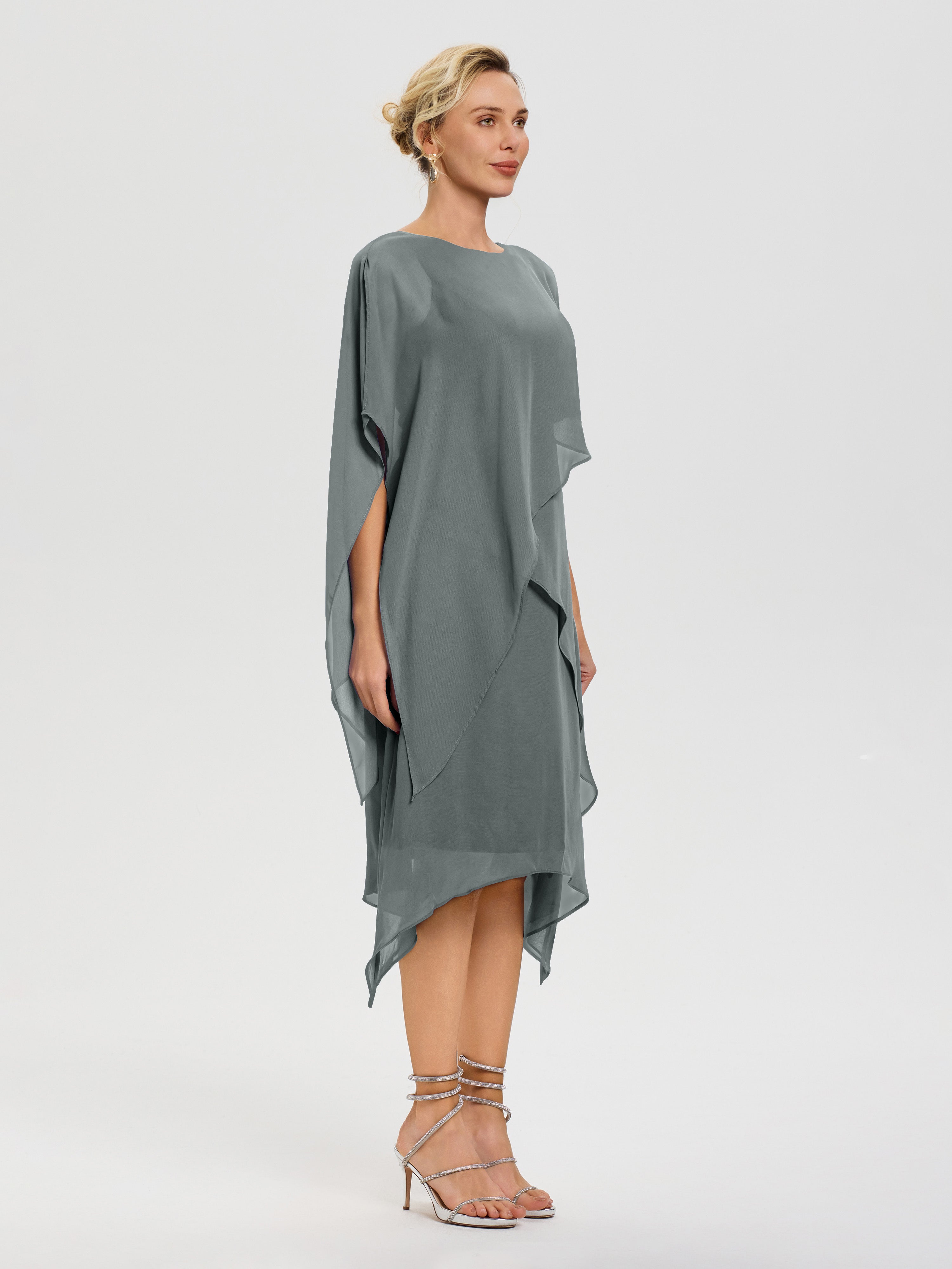 Robe Pour Mère De La Mariée Gris Acier Col Rond Mousseline Asymétrique Robe Mère Du Marié