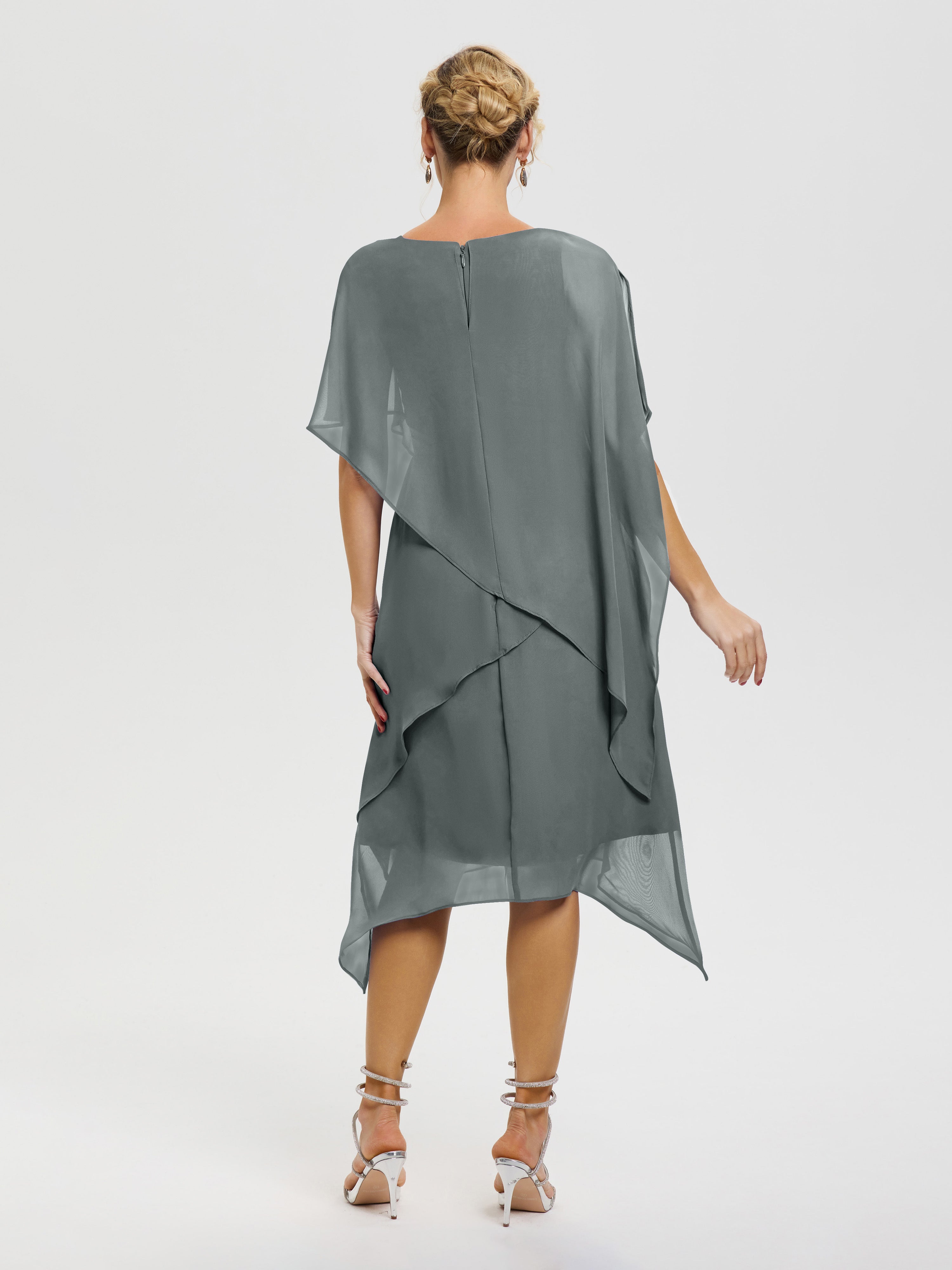 Robe Pour Mère De La Mariée Gris Acier Col Rond Mousseline Asymétrique Robe Mère Du Marié