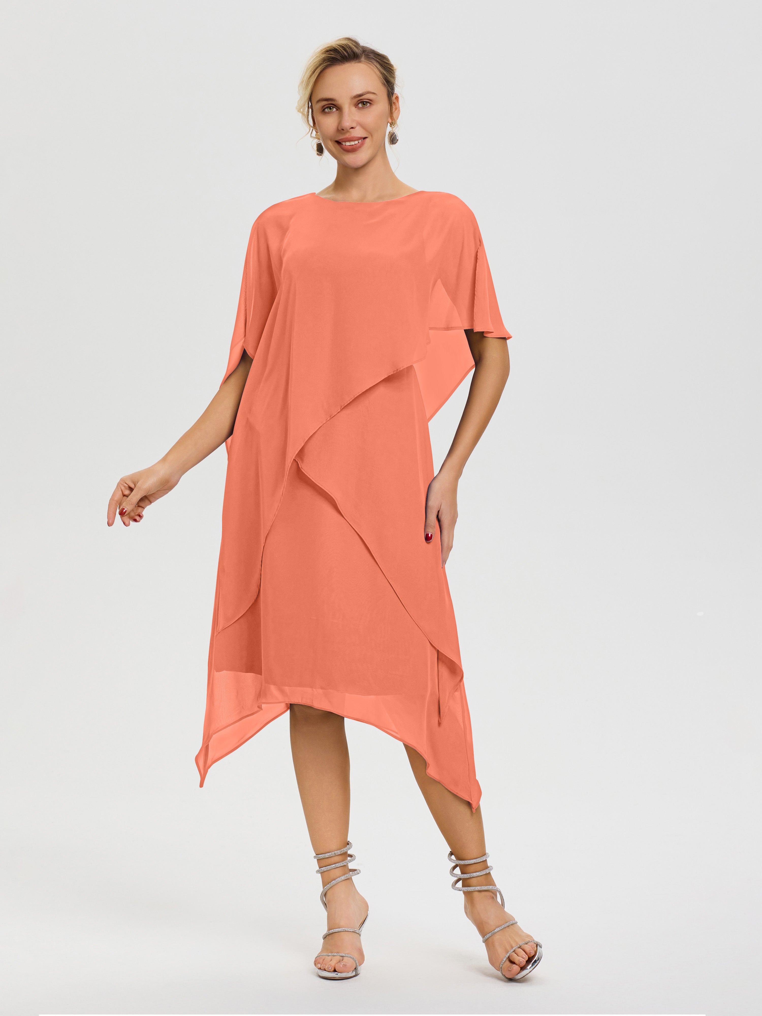 Robe Pour Mère De La Mariée Coucher De Soleil Col Rond Mousseline Asymétrique Robe Mère Du Marié
