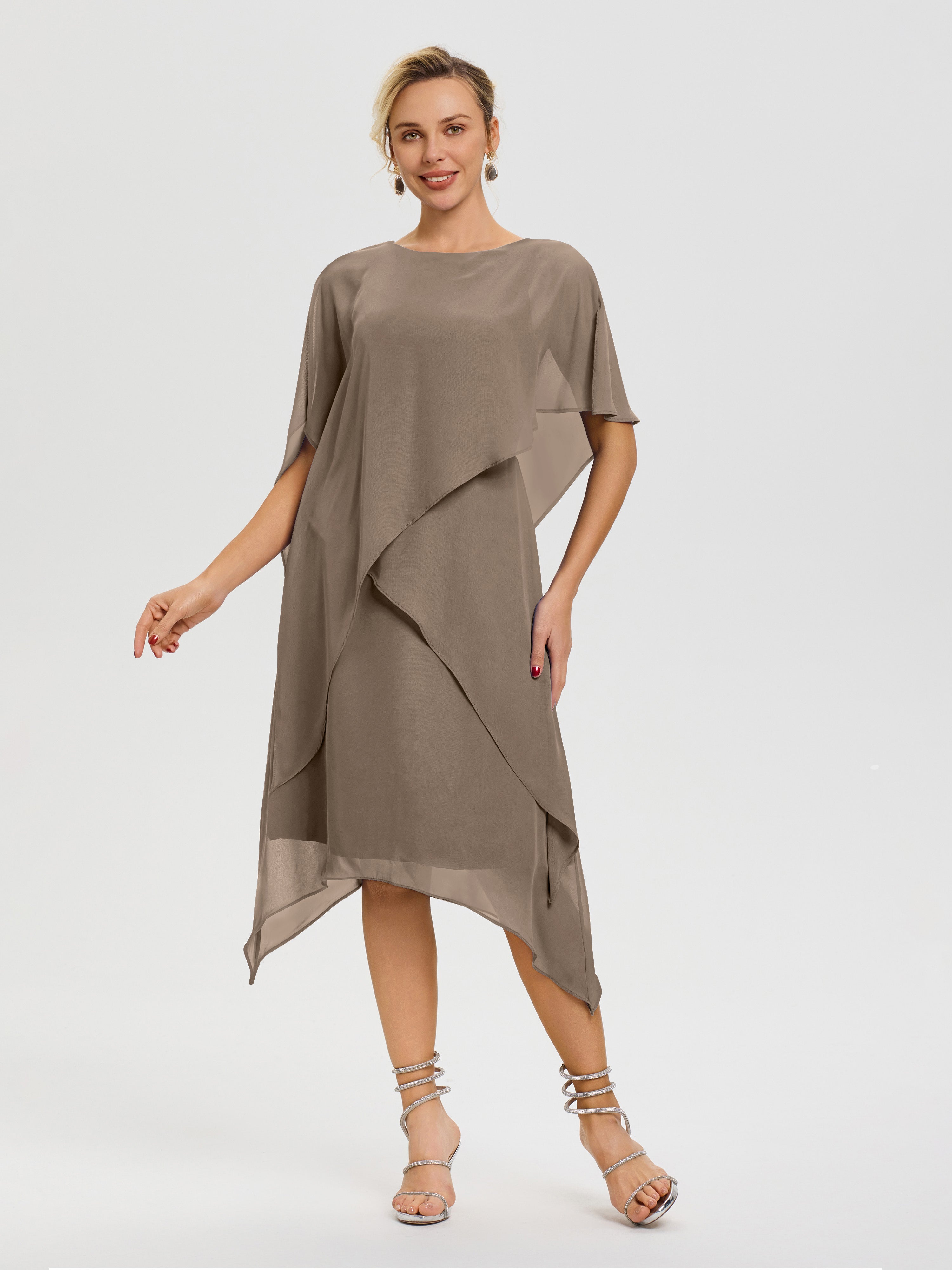 Robes Pour La Mère De La Mariée Taupe Col Rond Mousseline Asymétrique Robe Mère Du Marié