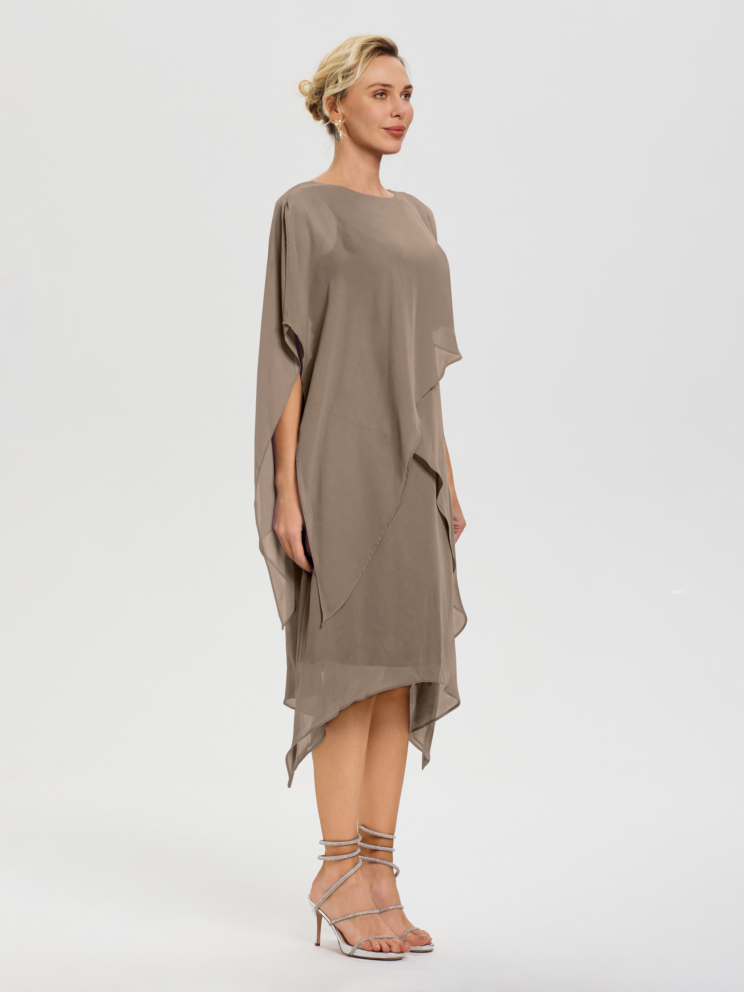 Robes Pour La Mère De La Mariée Taupe Col Rond Mousseline Asymétrique Robe Mère Du Marié