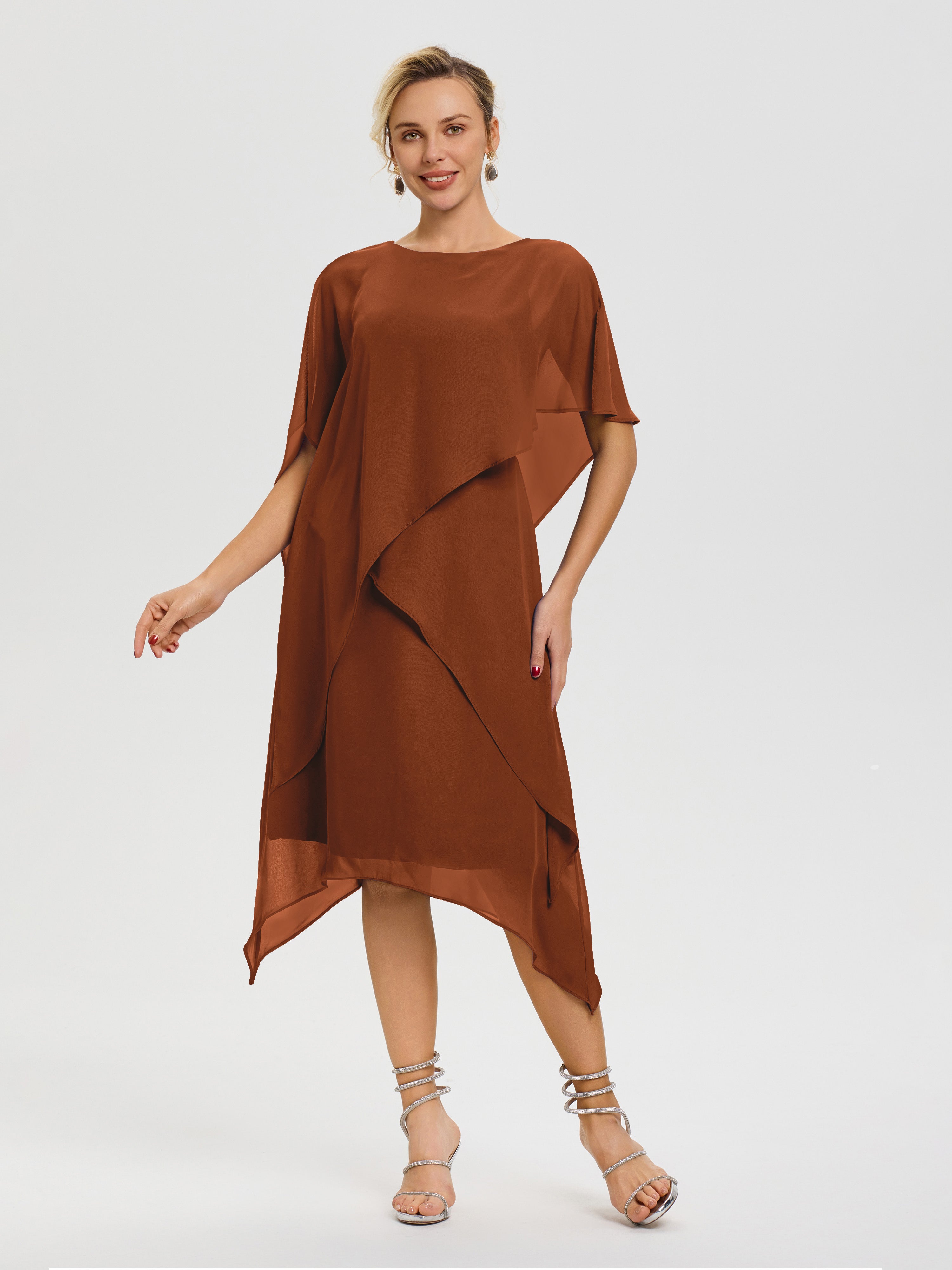 Robe Mere De La Mariee Terracotta Col Rond Mousseline Asymétrique Robe Mère Du Marié