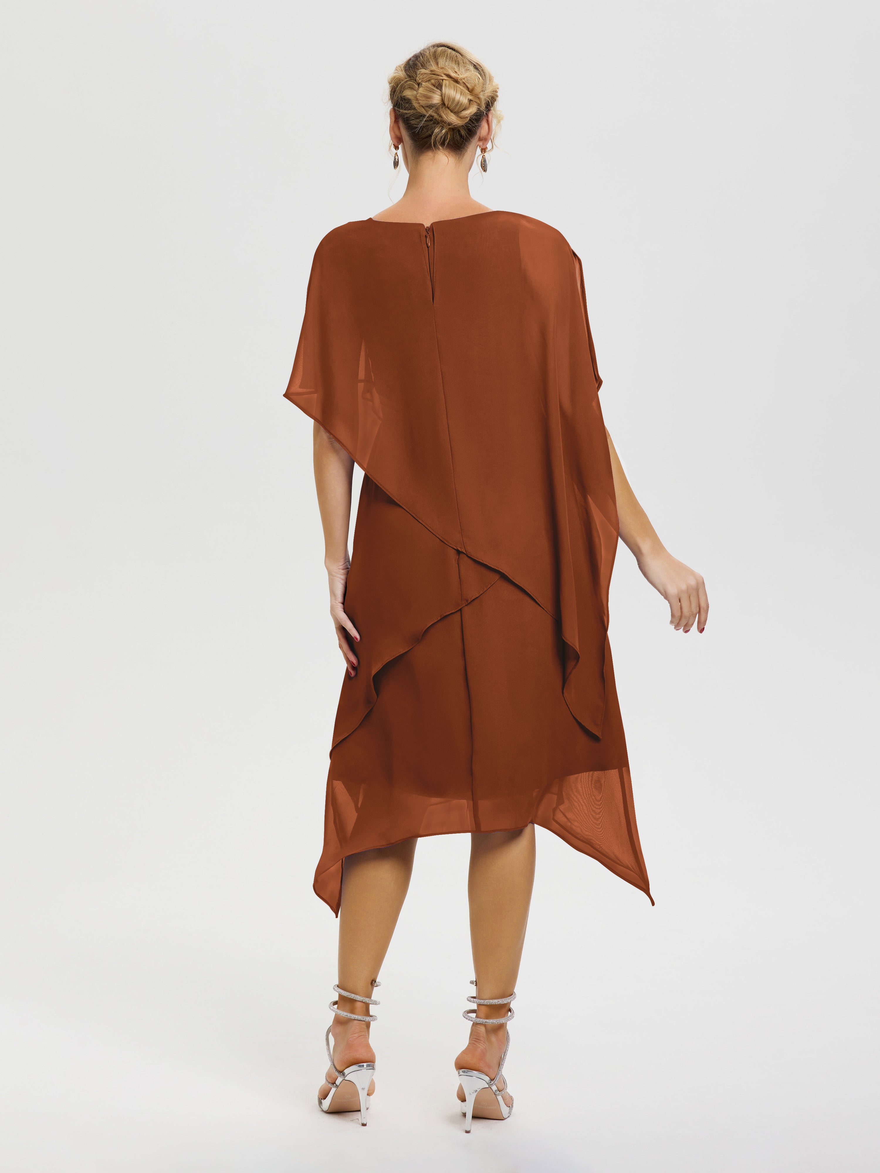 Robe Mere De La Mariee Terracotta Col Rond Mousseline Asymétrique Robe Mère Du Marié