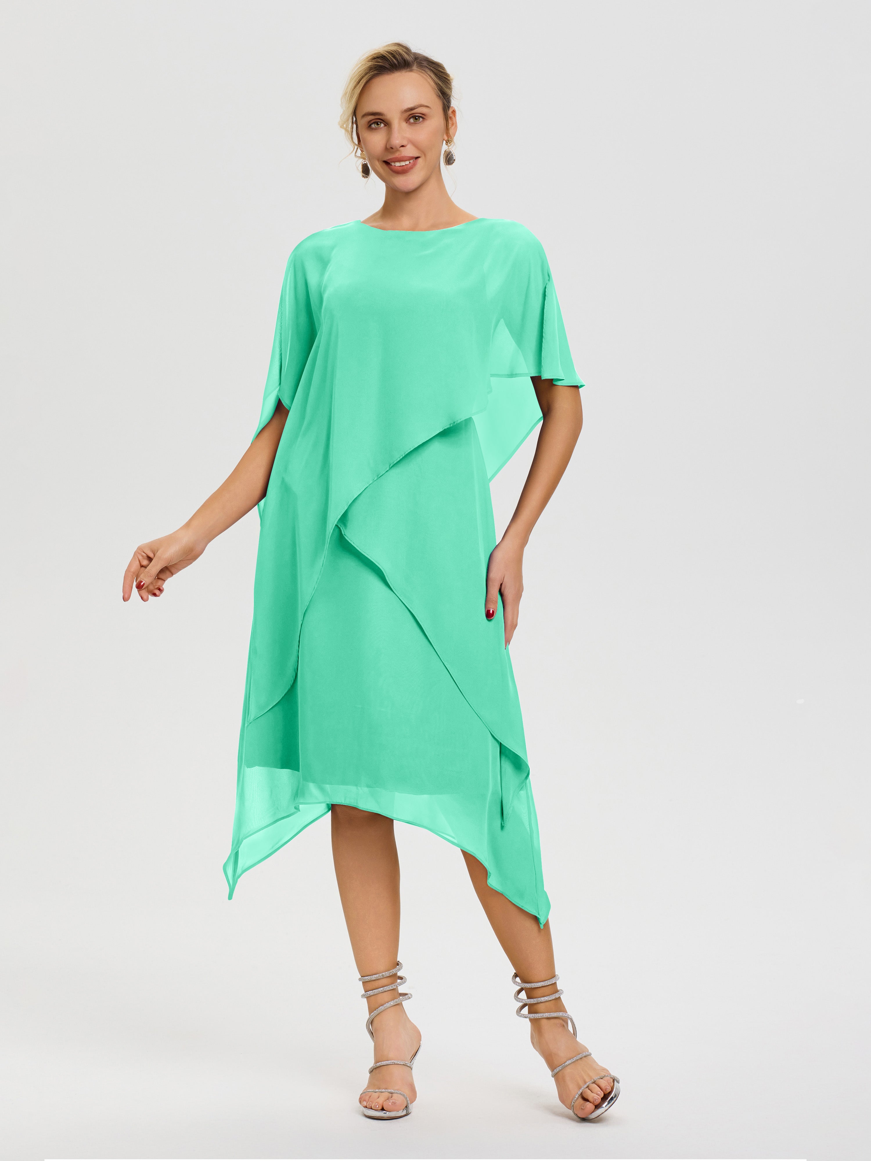 Robe Mère Mariee Turquoise Col Rond Mousseline Asymétrique Robe Mère Du Marié