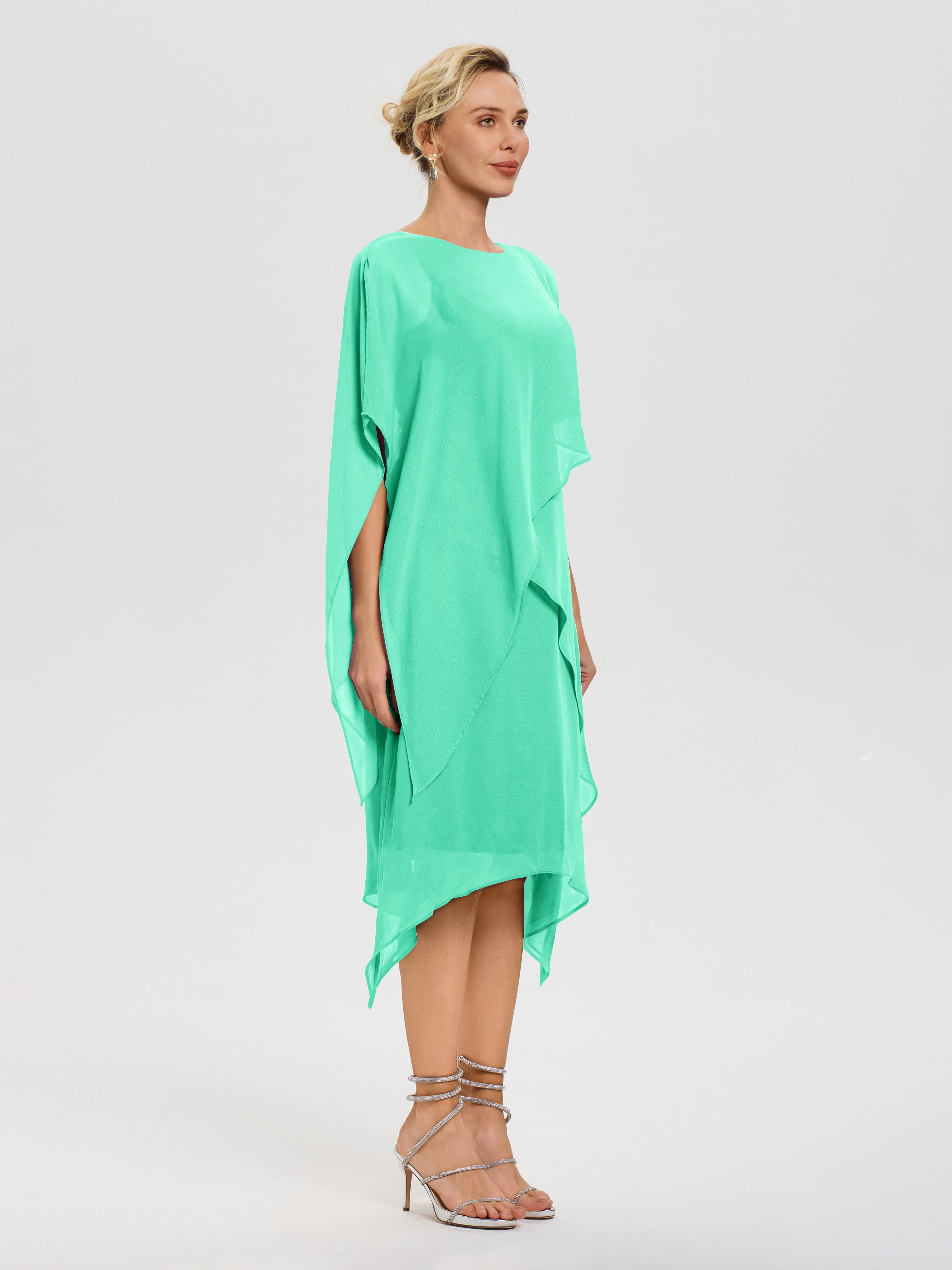 Robe Mère Mariee Turquoise Col Rond Mousseline Asymétrique Robe Mère Du Marié