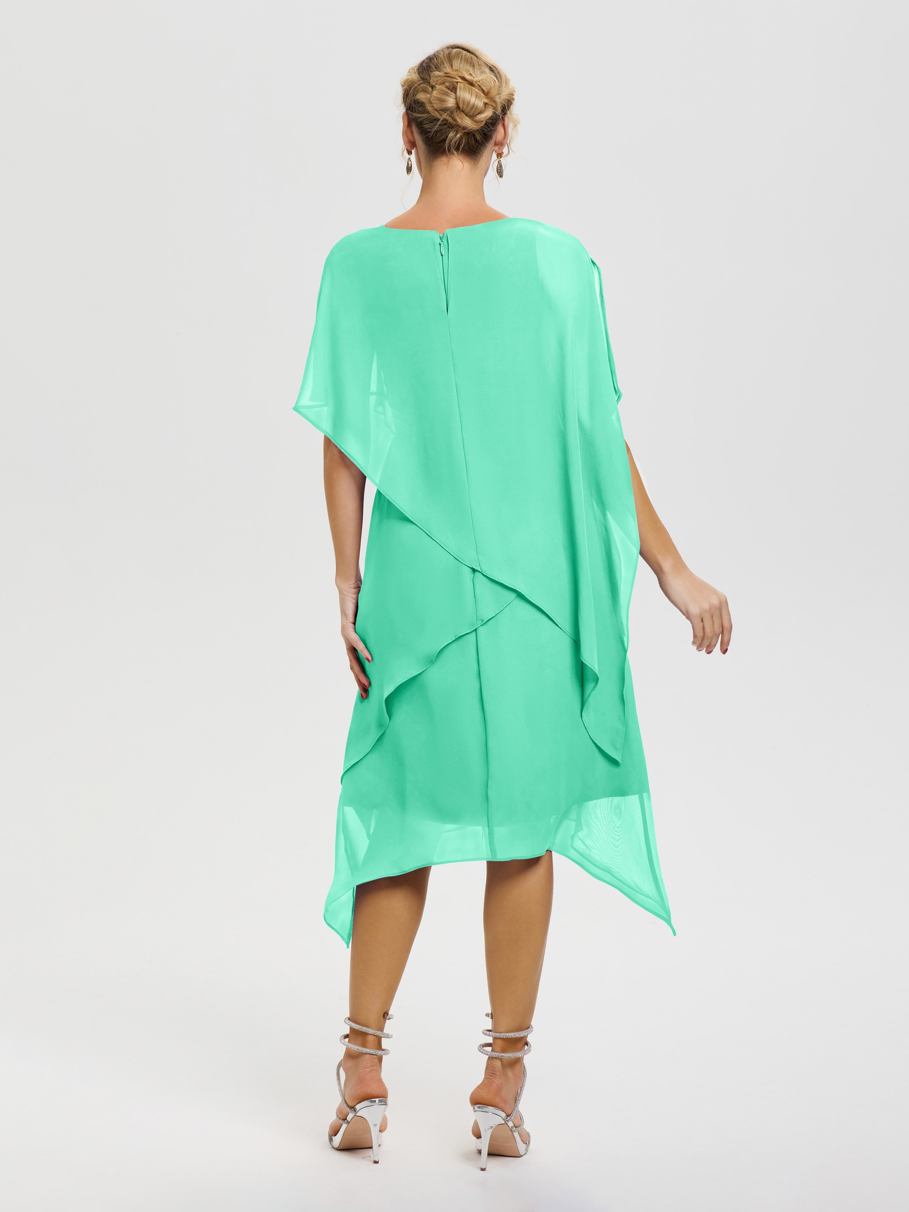 Robe Mère Mariee Turquoise Col Rond Mousseline Asymétrique Robe Mère Du Marié