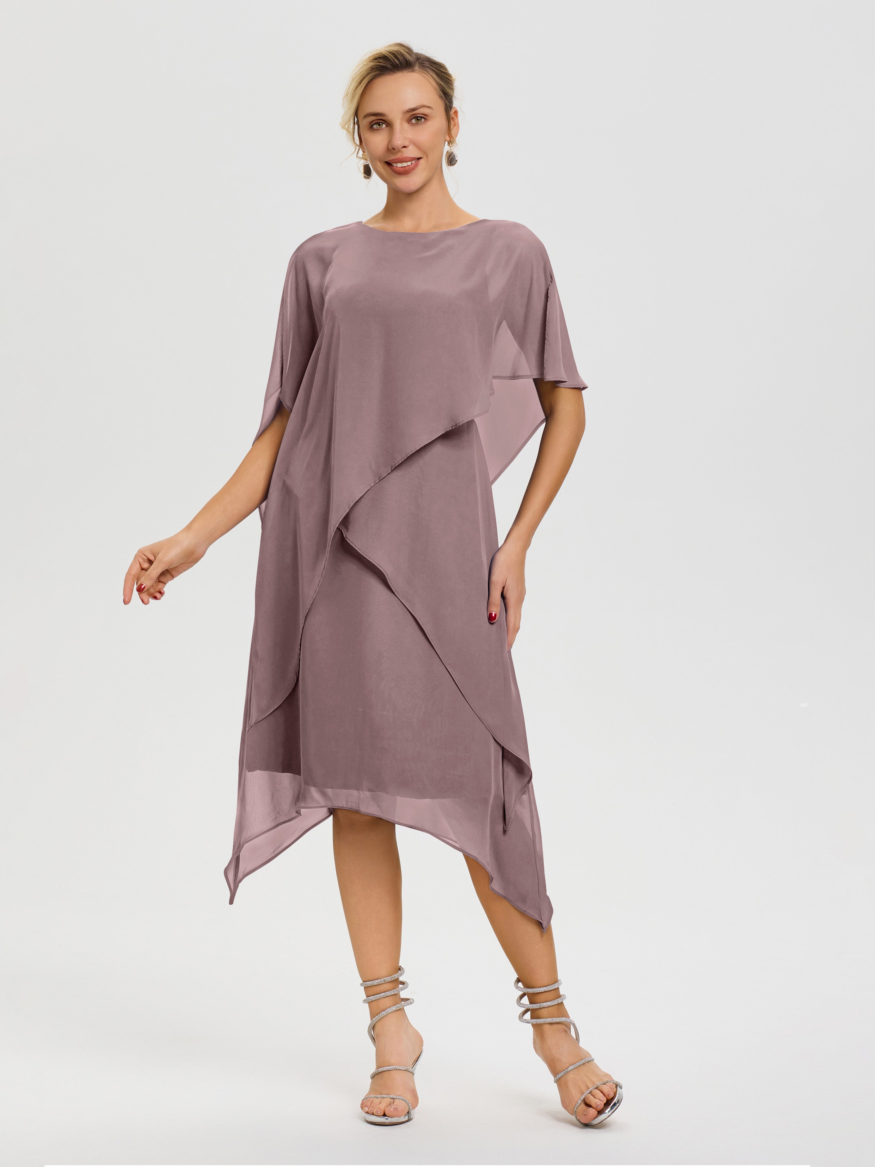 Robe Mère Mariee Vintage Mauve Col Rond Mousseline Asymétrique Robe Mère Du Marié