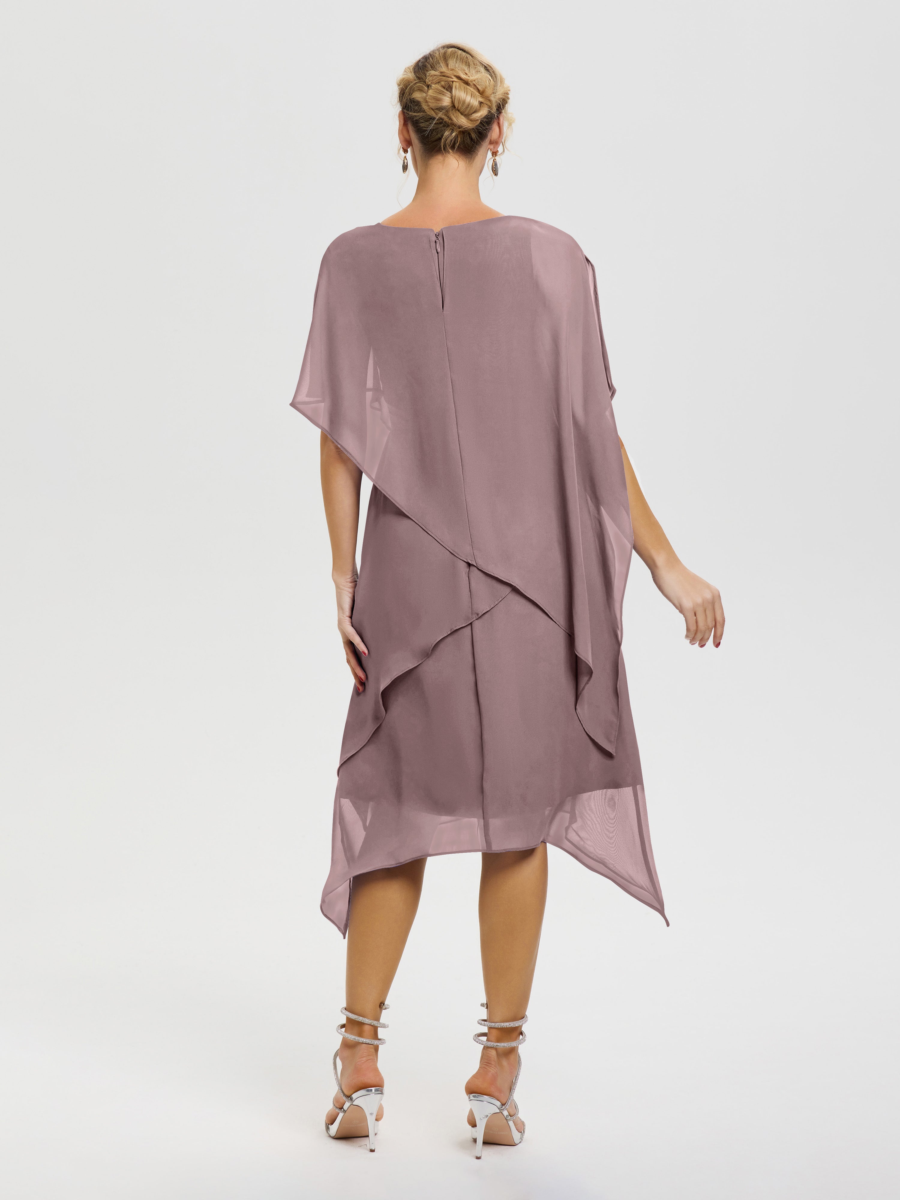 Robe Mère Mariee Vintage Mauve Col Rond Mousseline Asymétrique Robe Mère Du Marié