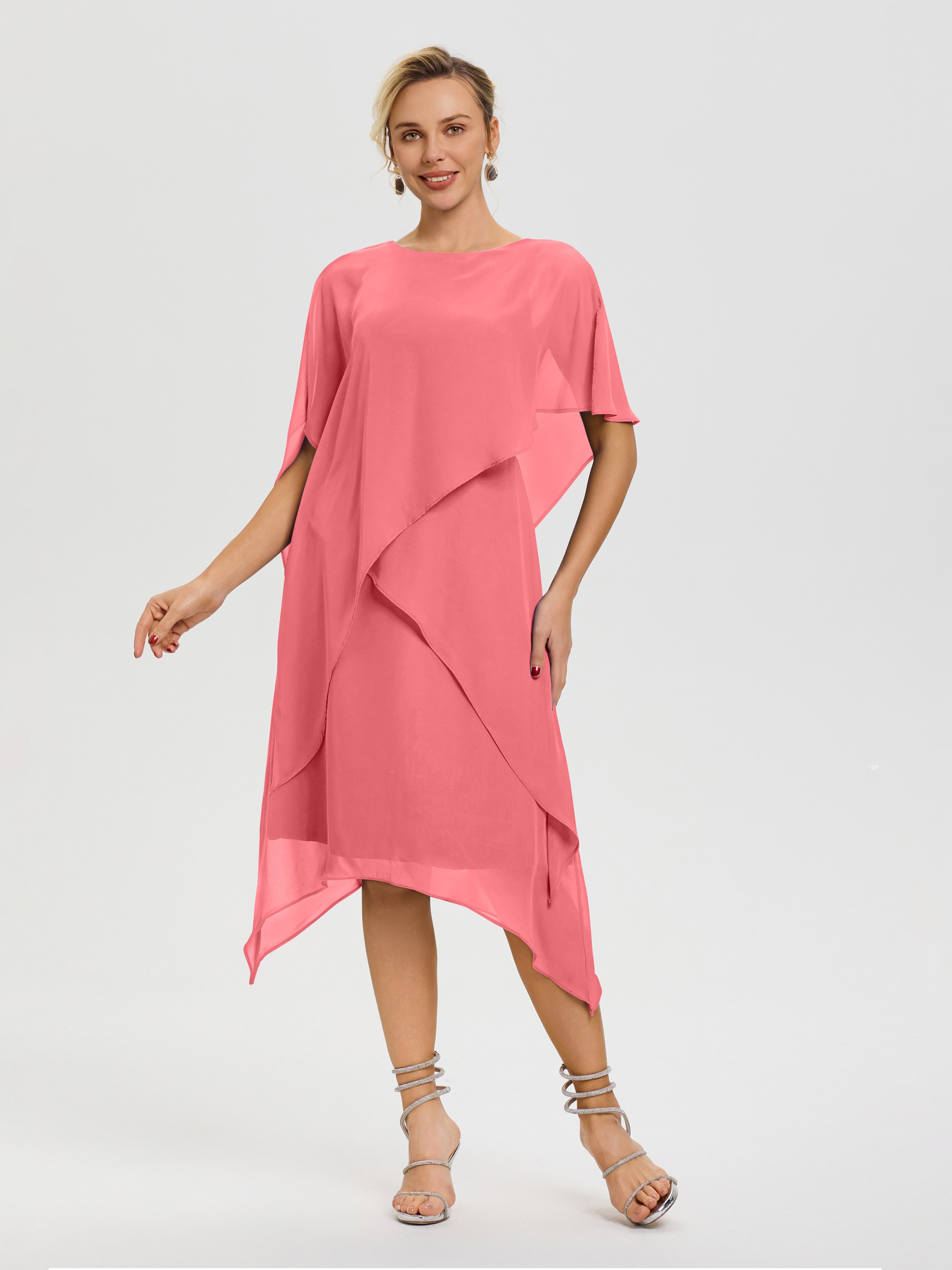 Robe Mère De La Mariee Pastèque Col Rond Mousseline Asymétrique Robe Mère Du Marié