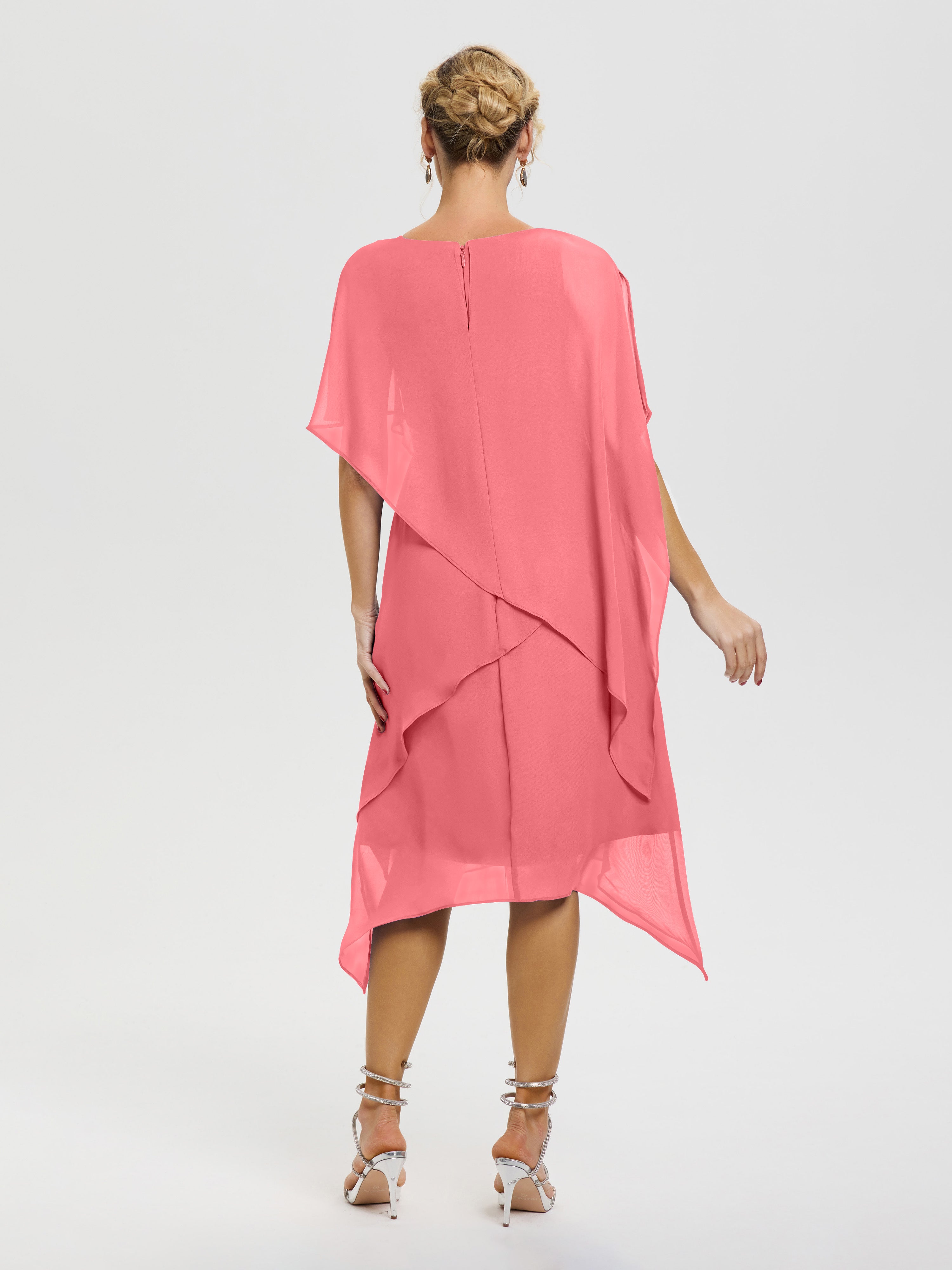 Robe Mère De La Mariee Pastèque Col Rond Mousseline Asymétrique Robe Mère Du Marié