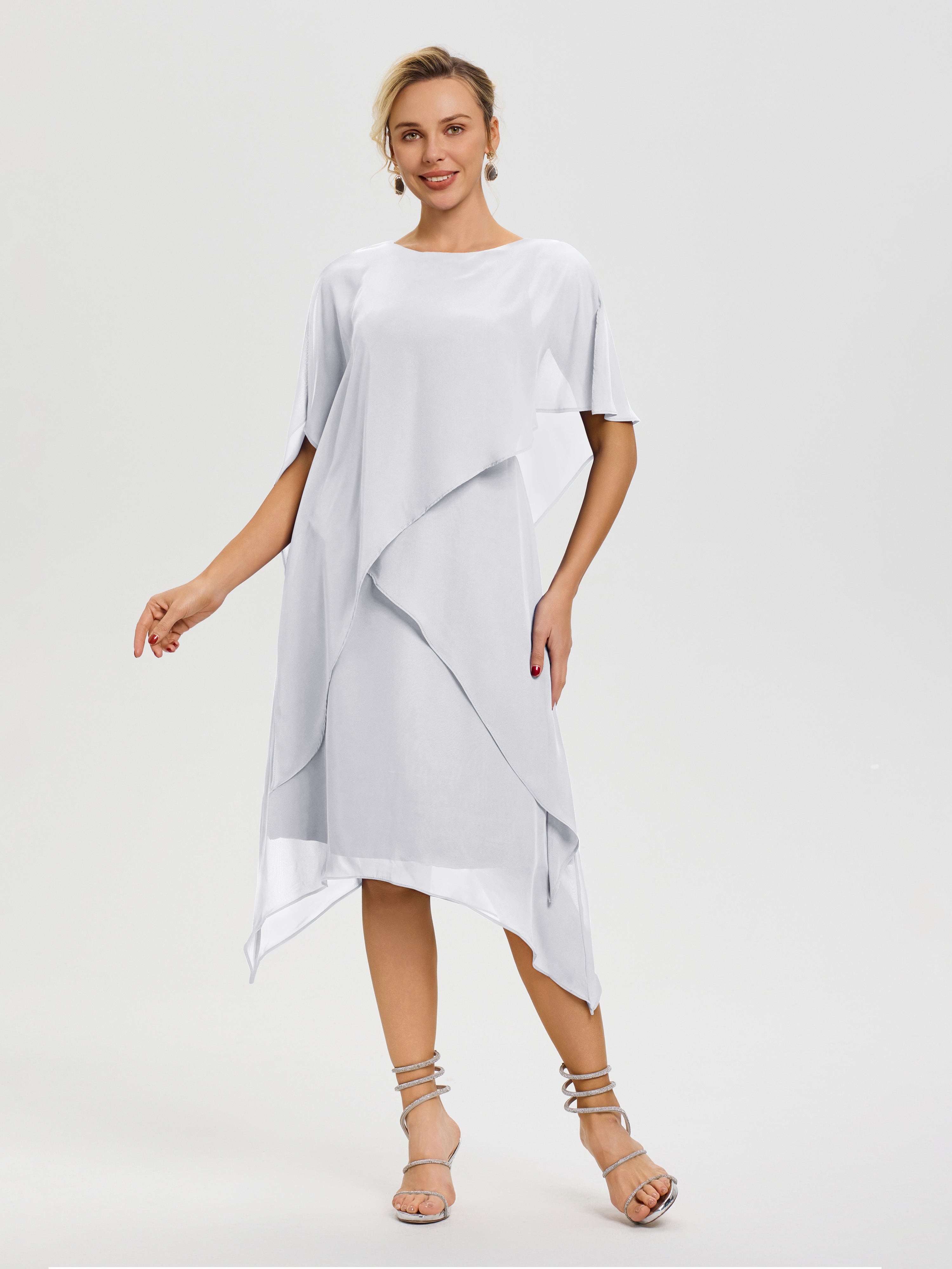 Robe De La Mère De La Mariée Blanc Col Rond Mousseline Asymétrique Robe Mère Du Marié