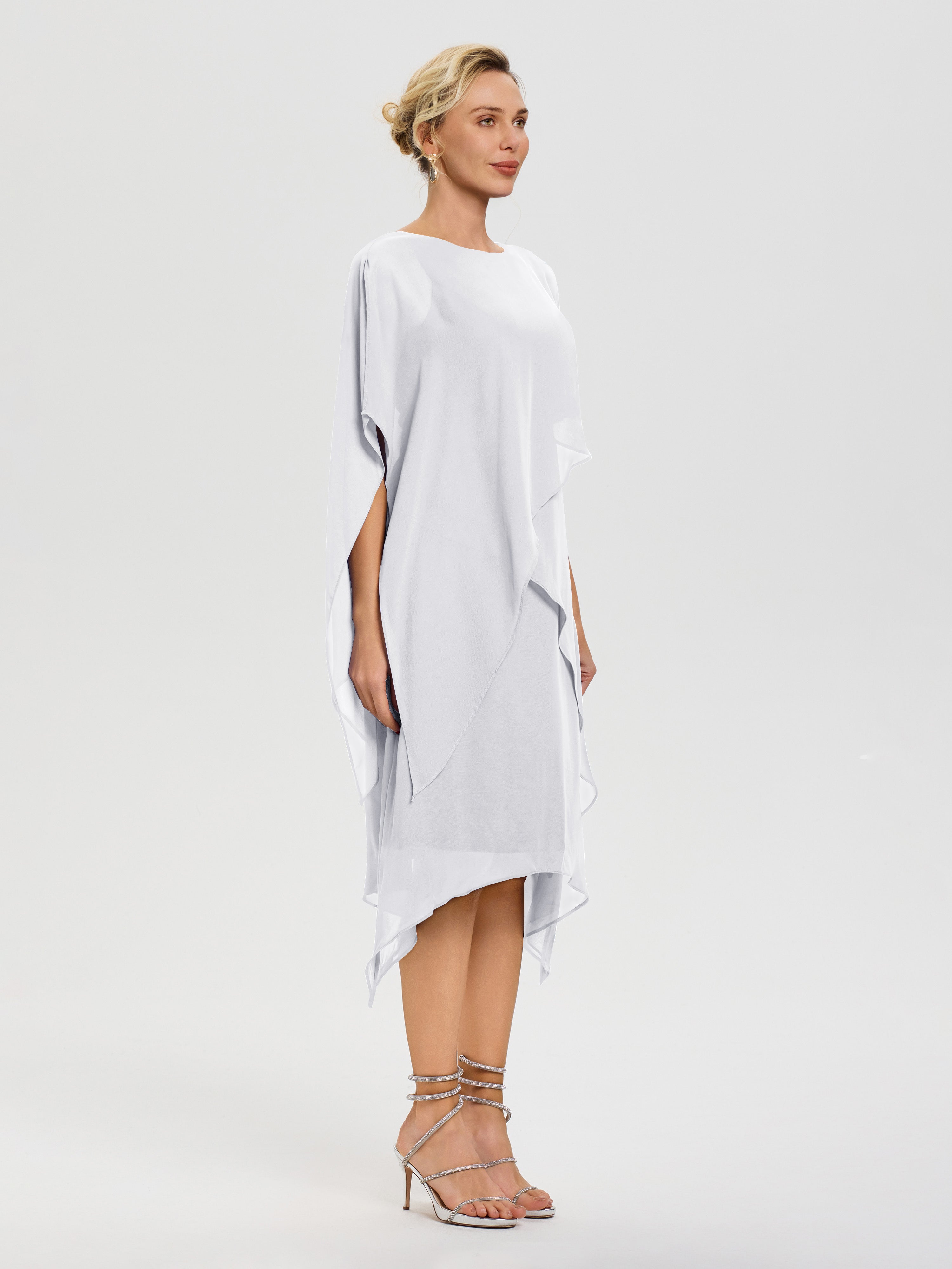 Robe De La Mère De La Mariée Blanc Col Rond Mousseline Asymétrique Robe Mère Du Marié