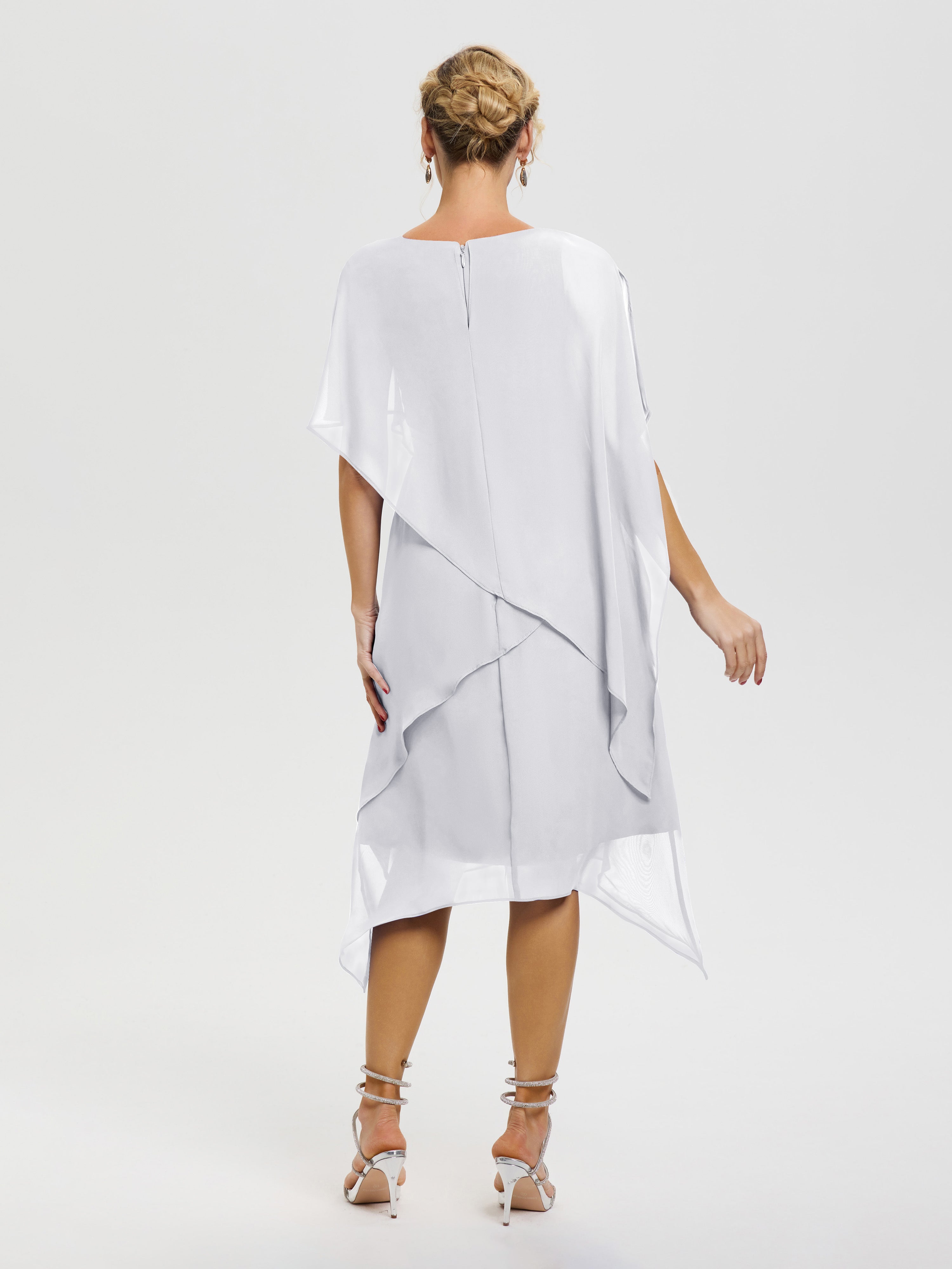 Robe De La Mère De La Mariée Blanc Col Rond Mousseline Asymétrique Robe Mère Du Marié