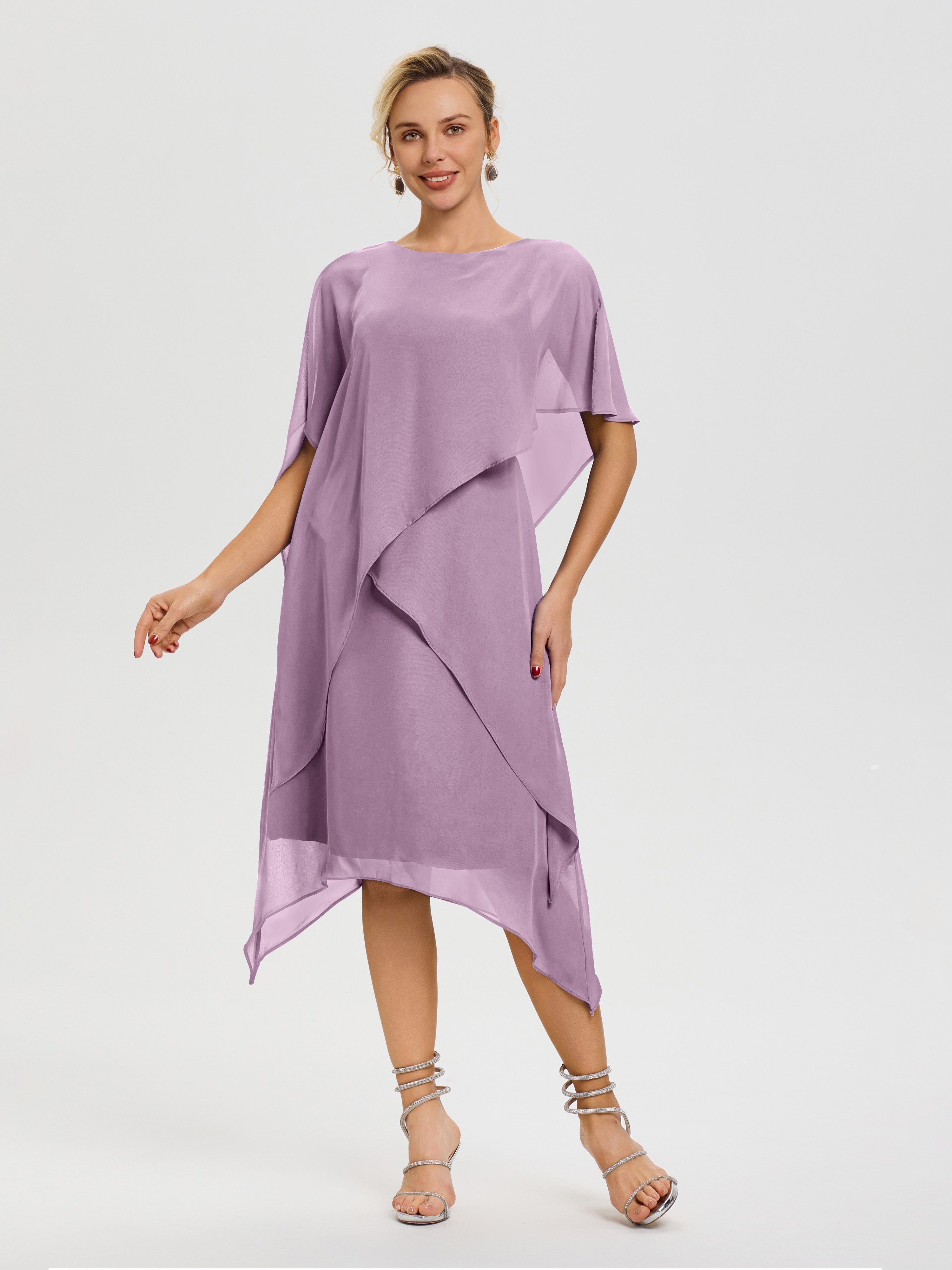 Robe De Mère De Mariée Glycine Col Rond Mousseline Asymétrique Robe Mère Du Marié