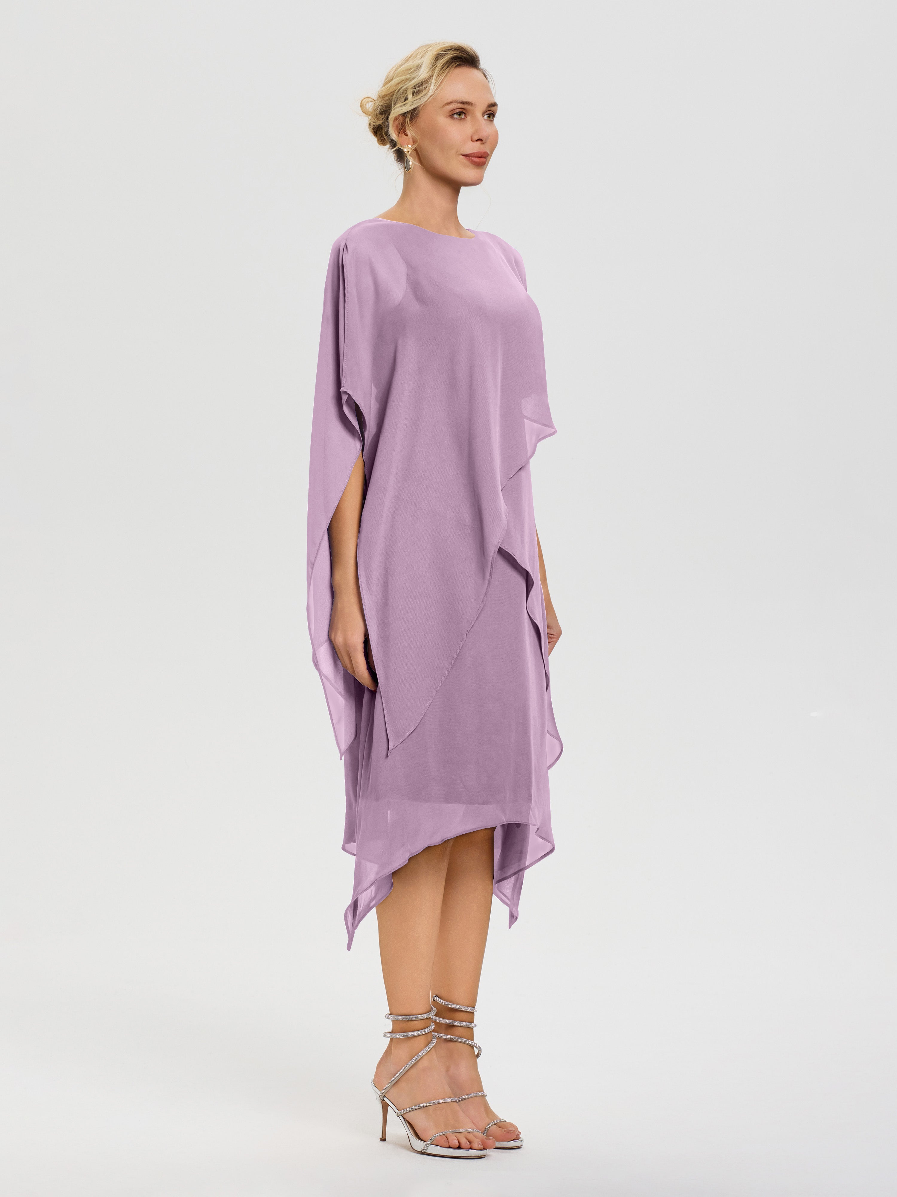 Robe De Mère De Mariée Glycine Col Rond Mousseline Asymétrique Robe Mère Du Marié
