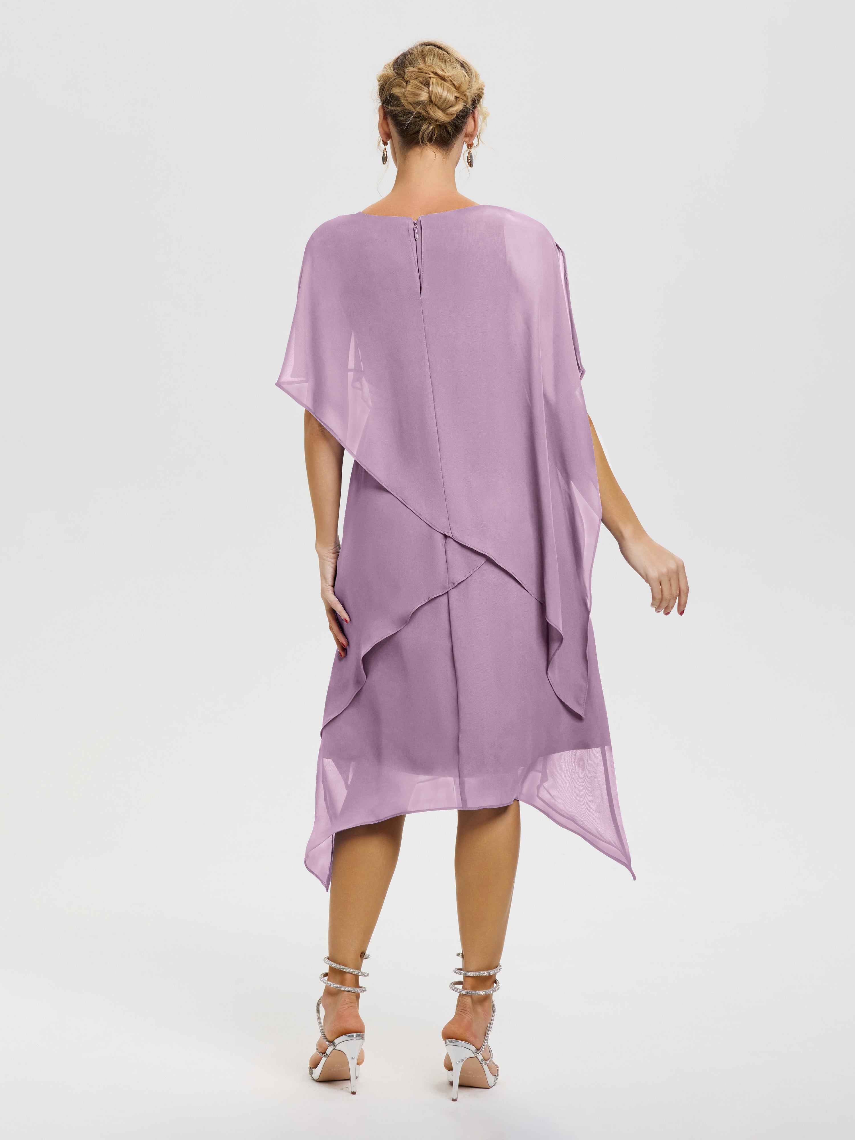Robe De Mère De Mariée Glycine Col Rond Mousseline Asymétrique Robe Mère Du Marié